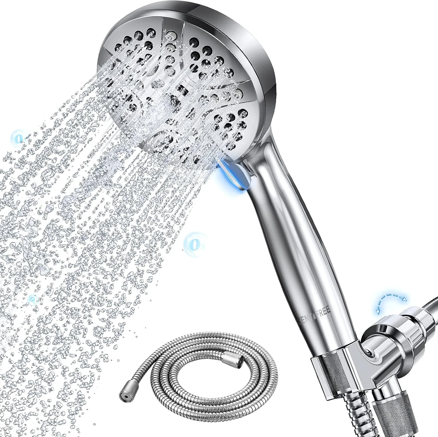 سردوش دستی فشار قوی CENTIFREE، با قطر 4.3 اینچ و 6 حالت مختلف، به همراه شلنگ استیل 71 اینچی و پایه برنجی قابل تنظیم، روکش کروم