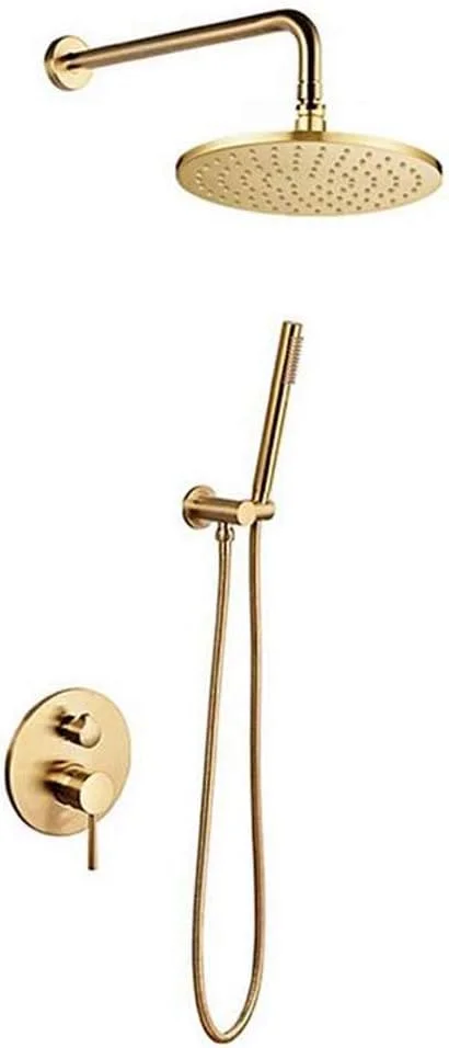 ست دوش حمام، ست دوش توکار برنجی طلایی برس خورده، شیر دوش دیواری با سر دوش بارانی برنجی گرد 8-12 اینچی و دوش دستی، لوکس