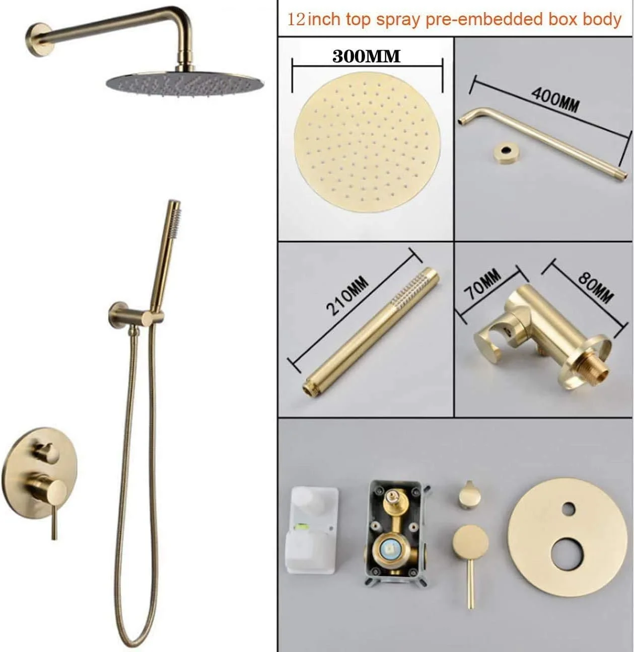 ست دوش حمام، ست دوش توکار برنجی طلایی برس خورده، شیر دوش دیواری با سر دوش بارانی برنجی گرد 8-12 اینچی و دوش دستی، لوکس