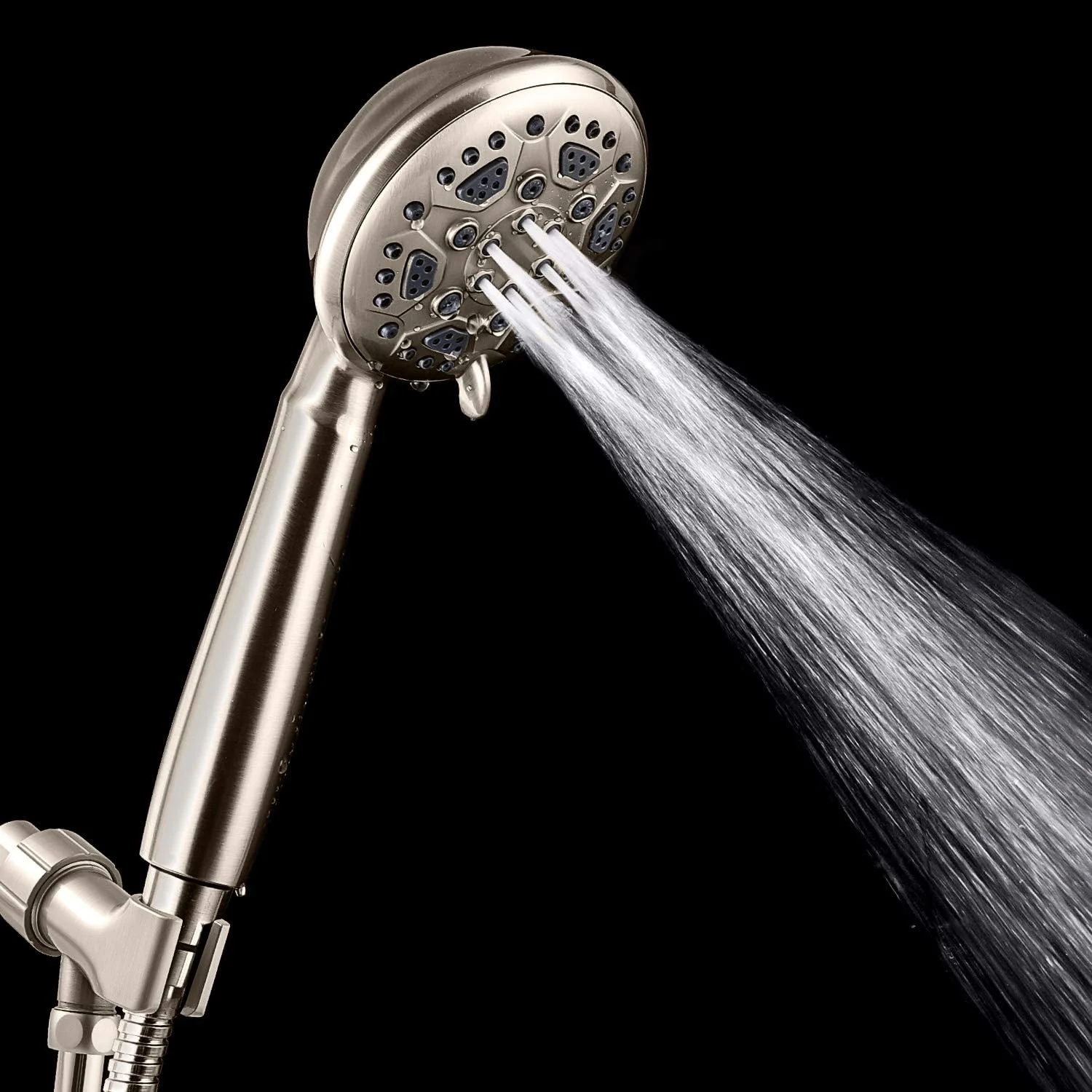 سری دوش دستی، سردوش با 6 حالت پاشش به همراه شلنگ و پایه اتصال توپی برنجی قابل تنظیم، مدل فشار قوی، 2.5 GPM، 4 اینچ (نیکل برس خورده)