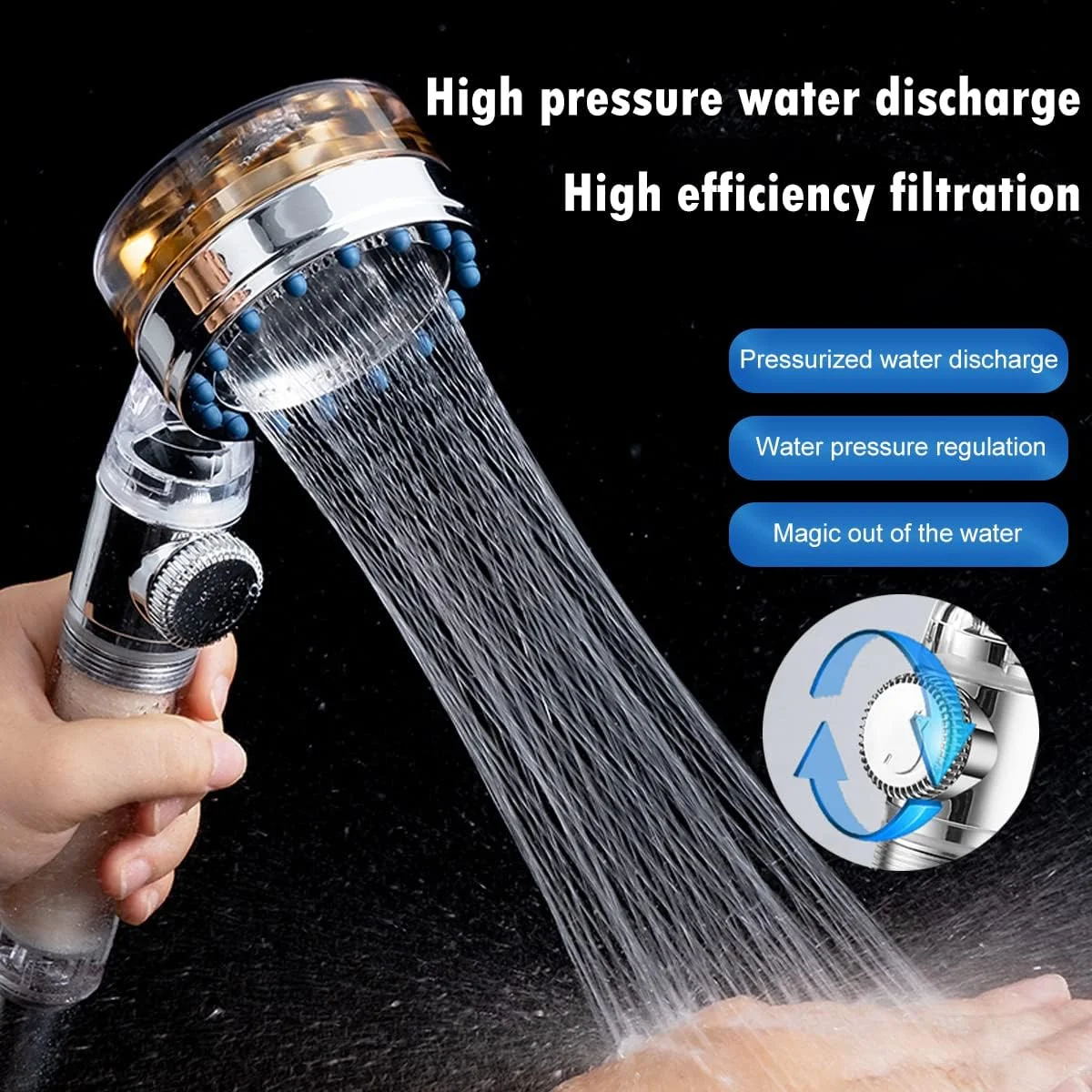 سردوش دستی فشار قوی ANTOWER با فیلتر، سردوش گردابی جت هیدرو، سردوش توربو پروانه ای با قابلیت چرخش 360 درجه و نصب آسان (طلایی)