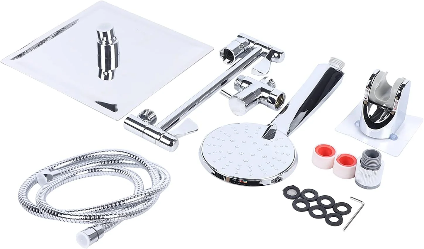 ست سر دوش بارانی فشار قوی 8 اینچی، بازوی دوش قابل تنظیم ارتفاع و زاویه 11 اینچی، تقسیم کننده سه طرفه با شیر، شلنگ دوش استیل 1.5 متری، دوش دستی ترکیبی ست سر دوش بارانی فشار قوی 8 اینچی، بازوی دوش قابل تنظیم ارتفاع و زاویه 11 اینچی، تقسیم کننده سه طرفه با شیر، شلنگ دوش استیل 1.5 متری، دوش دستی ترکیبی