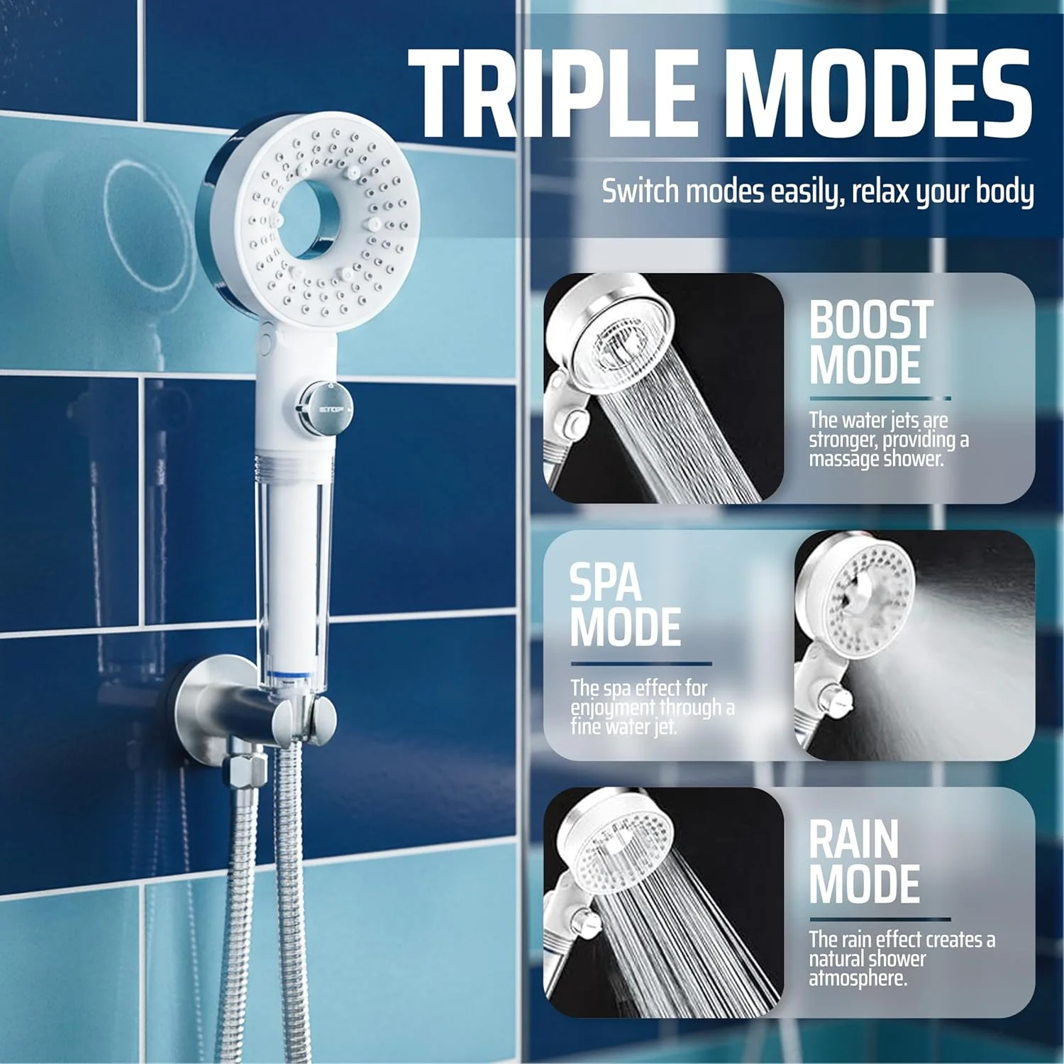 سردوش حمام فشار قوی MMG با فیلتر - حذف کلر و سختی آب | سردوش دستی برای مو و پوست نرم تر | 3 حالت اسپری، صرفه جویی در آب، نصب آسان