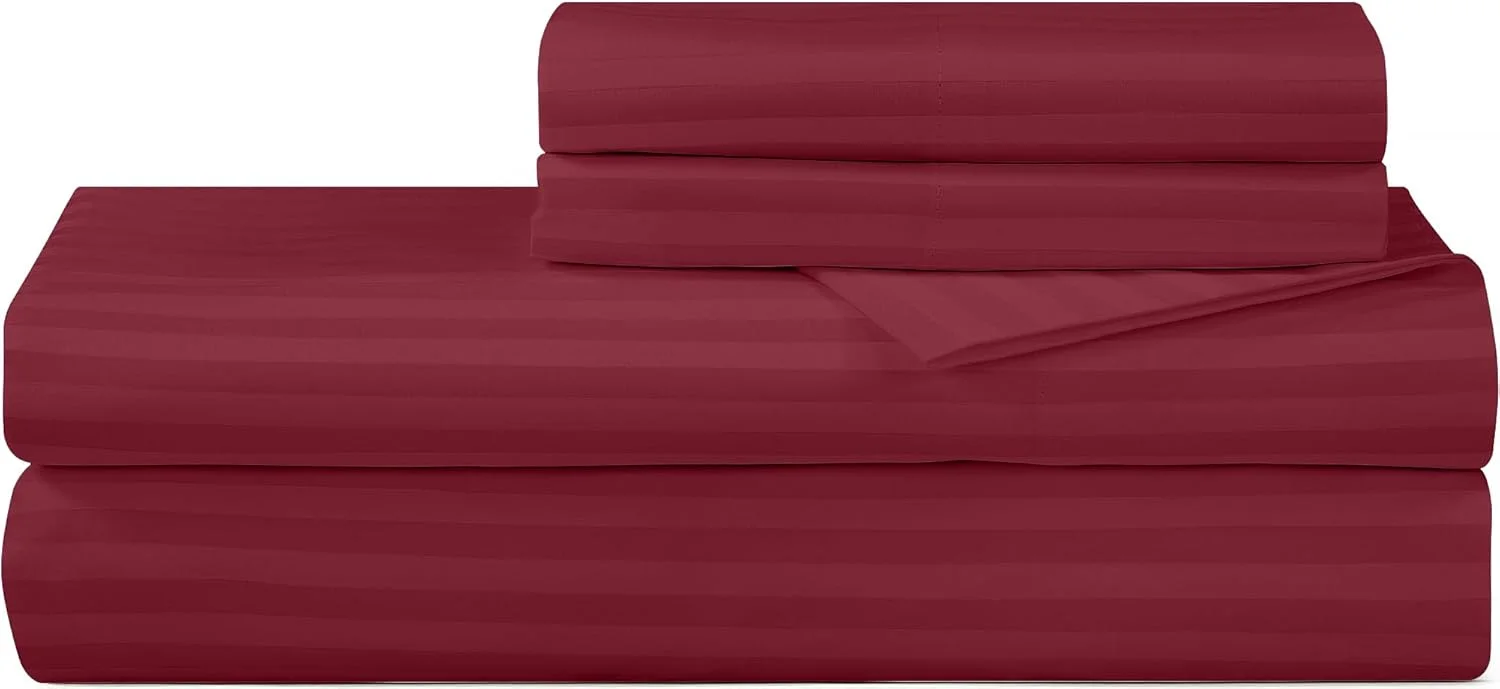 ست ملحفه چاپی 4 تکه از جنس پنبه شانه شده 100% با تراکم 300، مناسب تخت دونفره - شامل 1 ملحفه کش‌دار، 1 ملحفه تخت و 2 روبالشی - نرم، خنک و لطیف (دونفره، راه راه زرشکی)