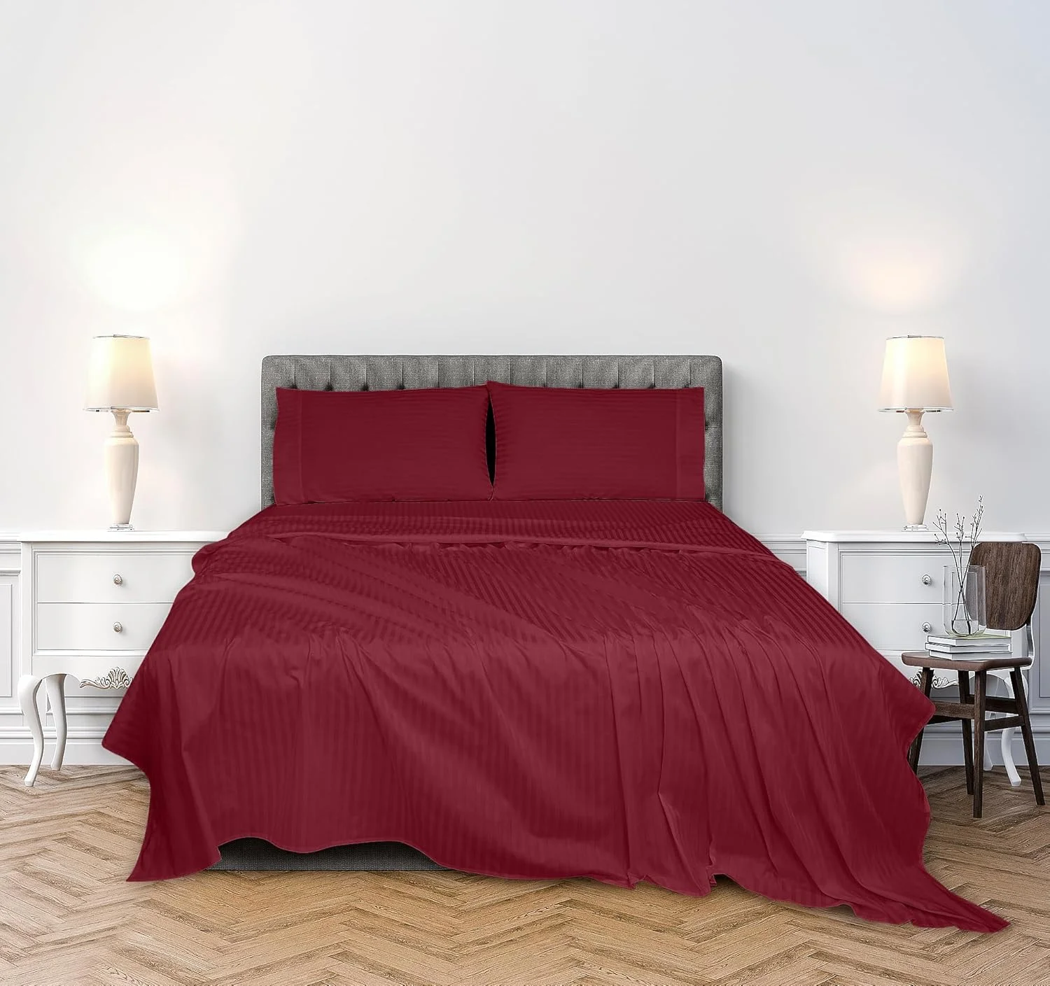 ست ملحفه چاپی 4 تکه از جنس پنبه شانه شده 100% با تراکم 300، مناسب تخت دونفره - شامل 1 ملحفه کش‌دار، 1 ملحفه تخت و 2 روبالشی - نرم، خنک و لطیف (دونفره، راه راه زرشکی)