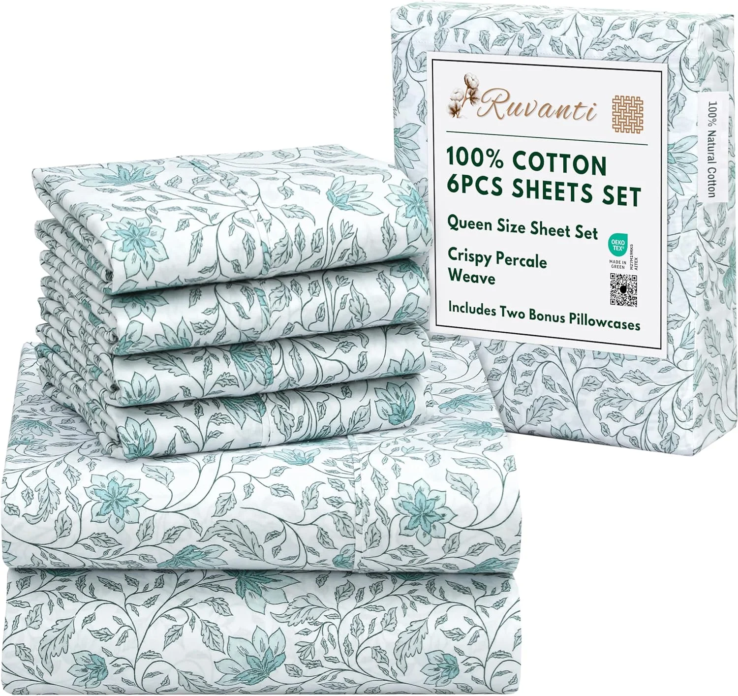 ست ملحفه پنبه ای RUVANTI، 6 تکه - 100% پنبه طبیعی نرم، سبک و تنفس پذیر، ملحفه های تختخواب پرکال ترد، ست ملحفه سایز کوئین با عمق 16 اینچ، طرح آشیانه گل های وحشی