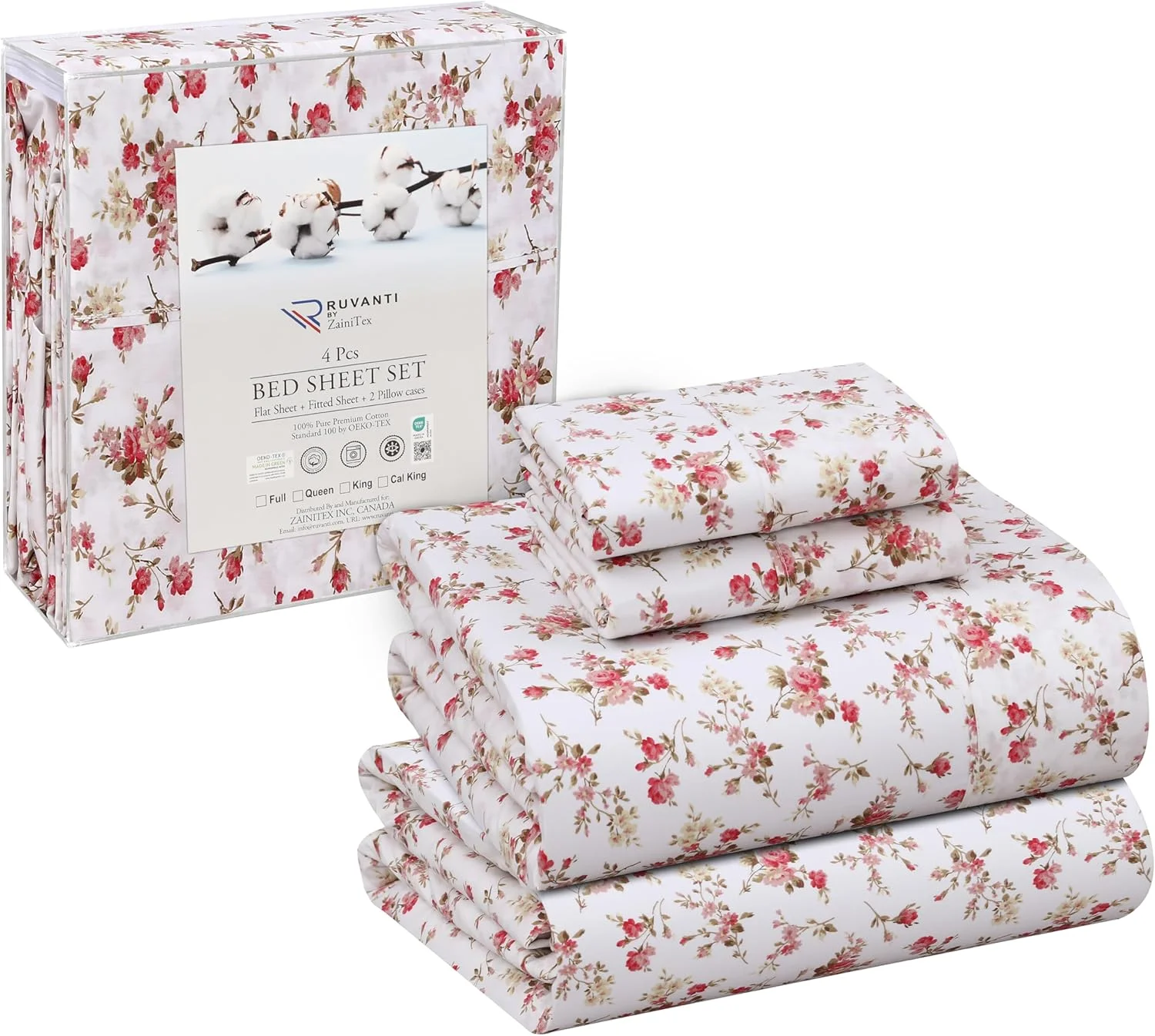 ملحفه تخت خواب سایز کامل روونتی، 100% پنبه، 4 تکه، ملحفه با بافت پرکال نرم و قابل تنفس، جیب عمیق 16 اینچ، استاندارد هتل، حس خنکی ترد، بادوام، ست ملحفه عالی طرح گل، دسته گل