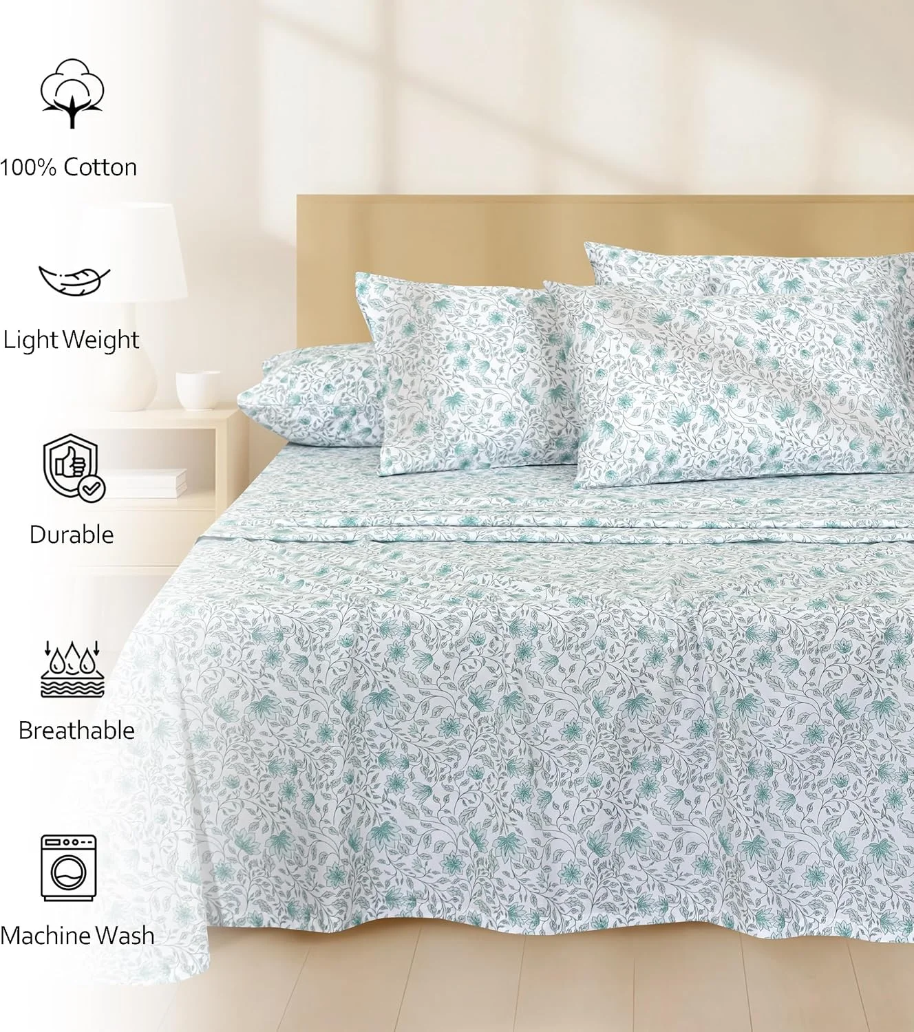 ست ملحفه پنبه ای RUVANTI، 6 تکه - 100% پنبه طبیعی نرم، سبک و تنفس پذیر، ملحفه های تختخواب پرکال ترد، ست ملحفه سایز کوئین با عمق 16 اینچ، طرح آشیانه گل های وحشی