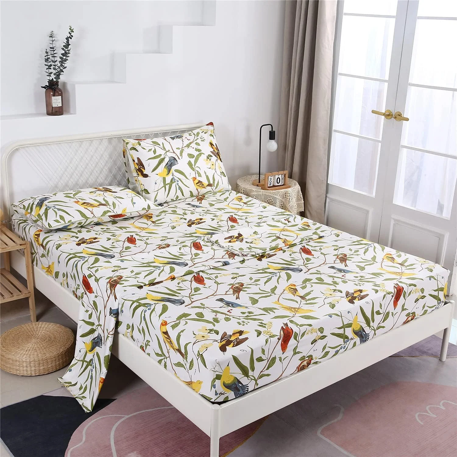 ست ملحفه طرح گل مزرعه به همراه روبالشتی (سفید سبز، سایز کینگ)