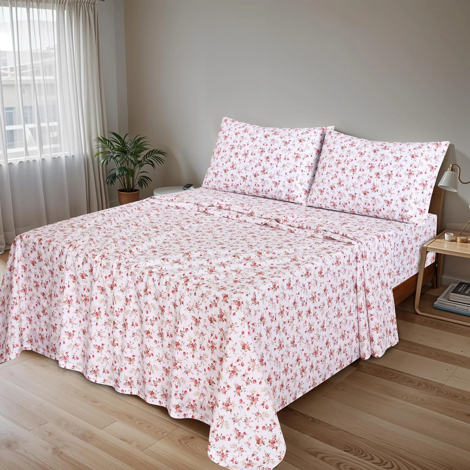 ملحفه تخت خواب سایز کامل روونتی، 100% پنبه، 4 تکه، ملحفه با بافت پرکال نرم و قابل تنفس، جیب عمیق 16 اینچ، استاندارد هتل، حس خنکی ترد، بادوام، ست ملحفه عالی طرح گل، دسته گل