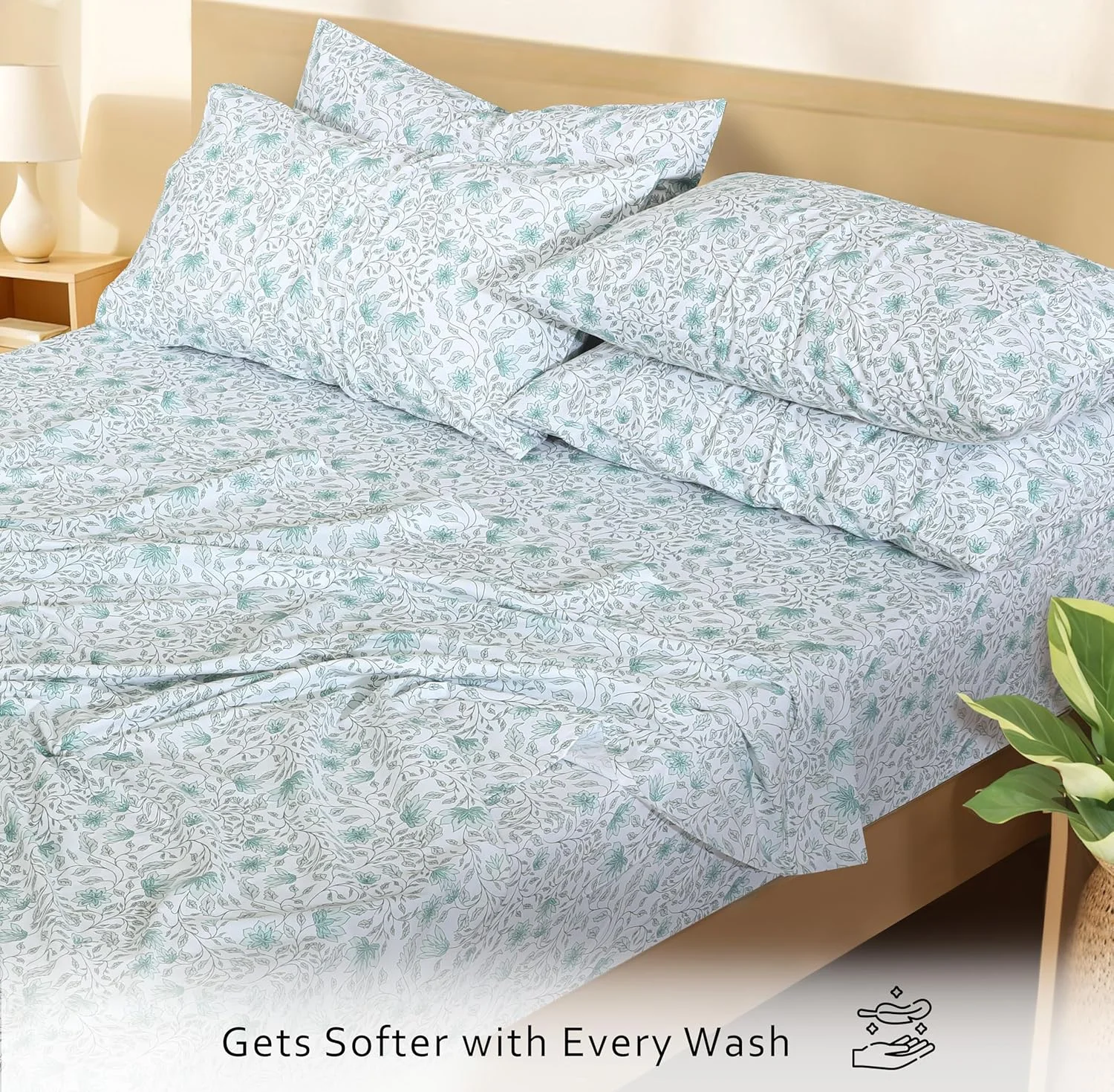 ست ملحفه پنبه ای RUVANTI، 6 تکه - 100% پنبه طبیعی نرم، سبک و تنفس پذیر، ملحفه های تختخواب پرکال ترد، ست ملحفه سایز کوئین با عمق 16 اینچ، طرح آشیانه گل های وحشی