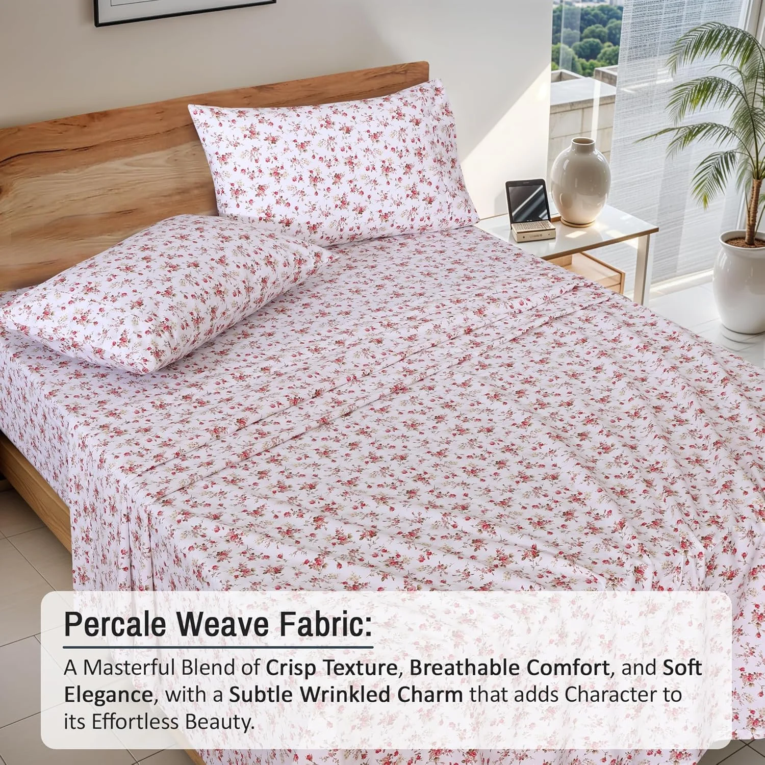 ملحفه تخت خواب سایز کامل روونتی، 100% پنبه، 4 تکه، ملحفه با بافت پرکال نرم و قابل تنفس، جیب عمیق 16 اینچ، استاندارد هتل، حس خنکی ترد، بادوام، ست ملحفه عالی طرح گل، دسته گل