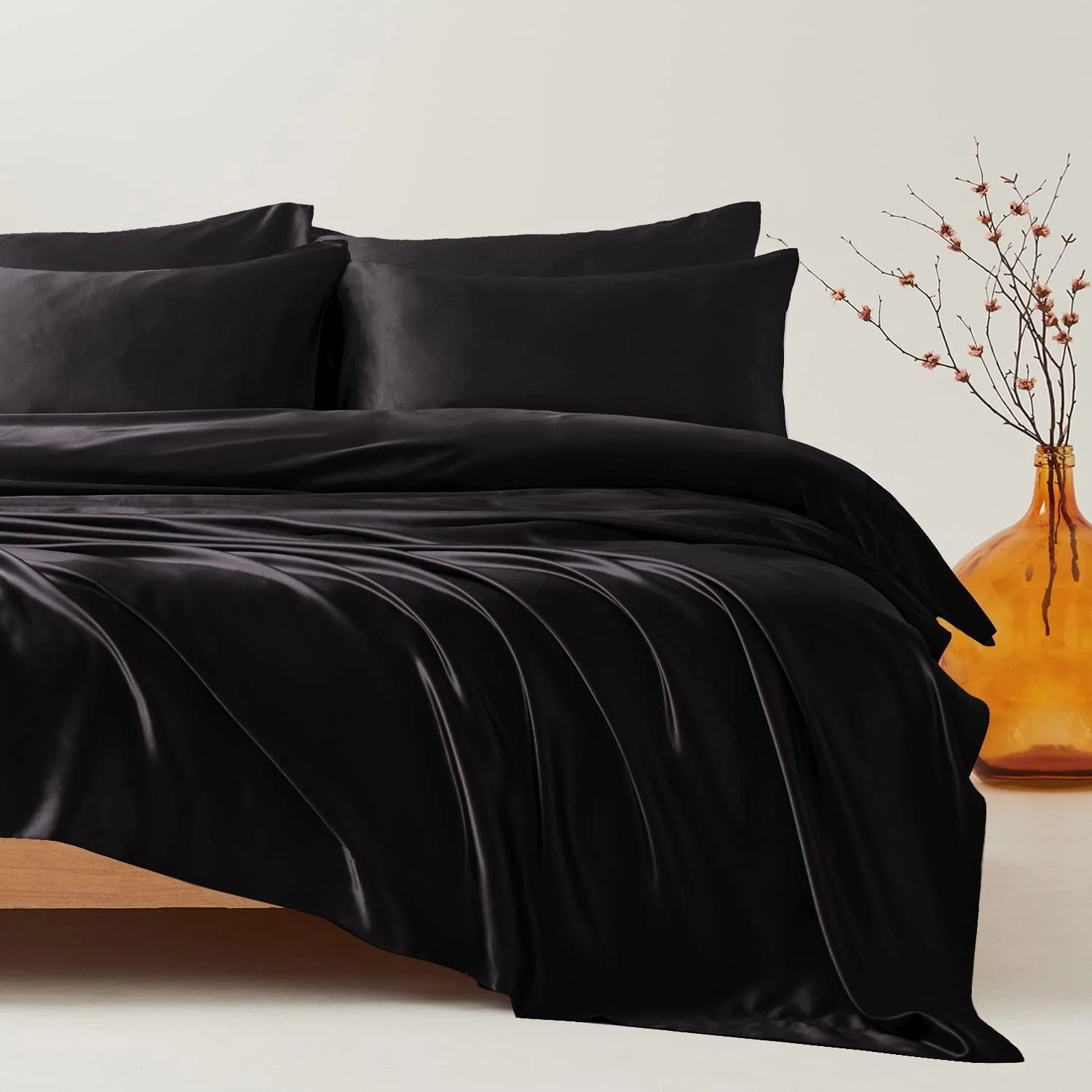 ست ملحفه ساتن، 4 تکه، خنک کننده، نرم و بدون چروک، ست ملافه ابریشمی لوکس هتلی، 1 ملحفه کش دار با جیب عمیق، 1 ملحفه تخت، 2 روبالشتی (کینگ، مشکی)