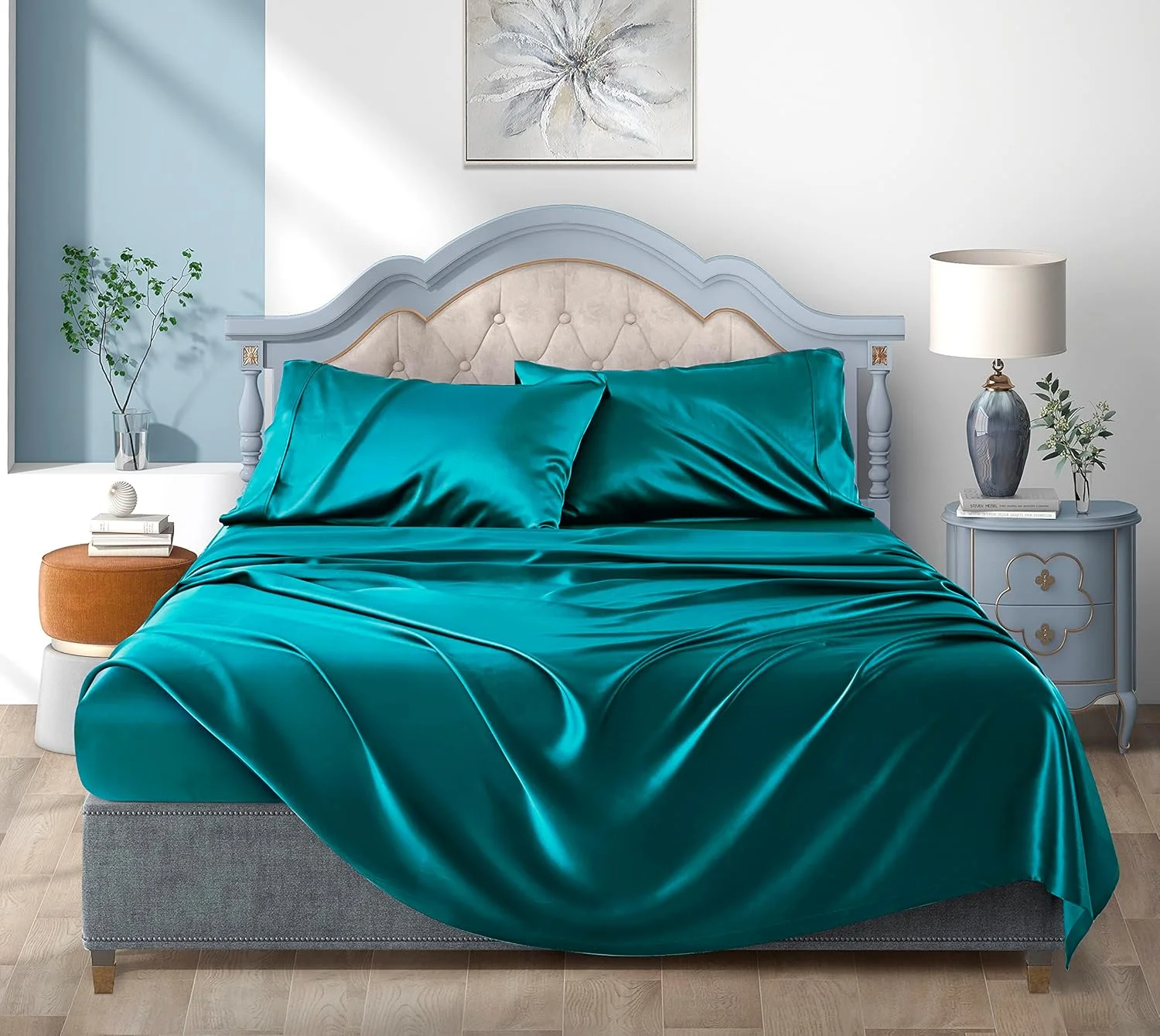 ست ملحفه ساتن تخت خواب سایز کامل، ملحفه ابریشمی فیروزه ای، ست ملحفه نرم 4 تکه شامل 1 ملحفه کش دار با جیب عمیق، 1 ملحفه تخت، 2 روبالشتی