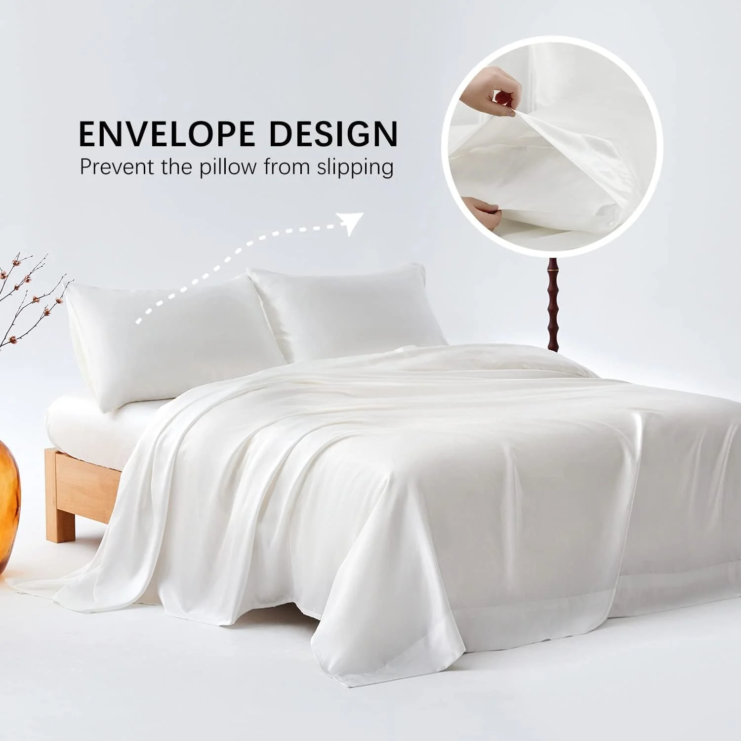 ست ملحفه ساتن، 4 تکه، خنک کننده، نرم و بدون چروک، ست ملافه ابریشمی لوکس هتلی، 1 ملحفه کش دار با عمق زیاد، 1 ملحفه تخت، 2 روبالشی (کینگ، عاجی)