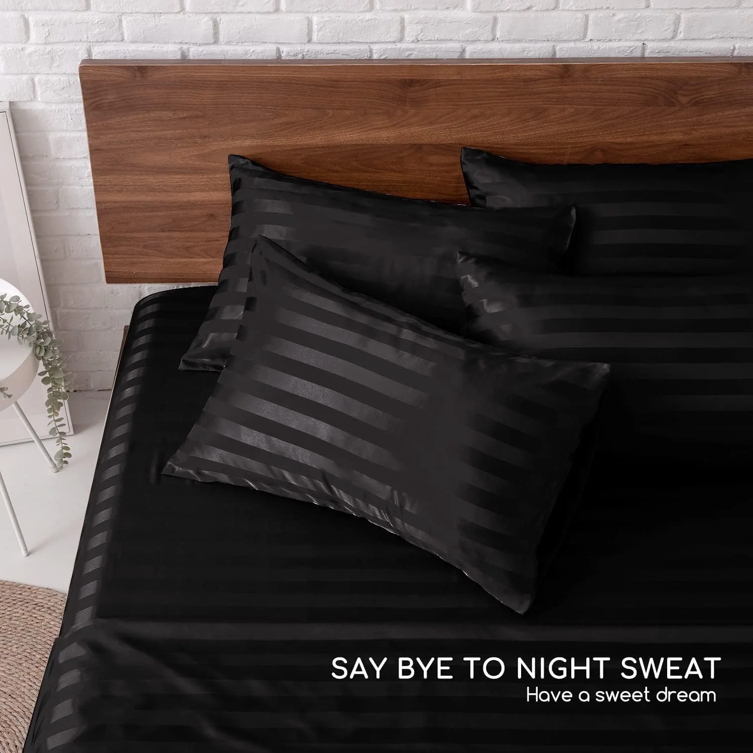 ست ملحفه ساتن تخت خواب، 4 تکه، خنک کننده، نرم و بدون چروک، ملافه ابریشمی لوکس هتلی، 1 ملحفه کش دار با جیب عمیق، 1 ملحفه تخت، 2 روبالشی (کینگ، راه راه مشکی)