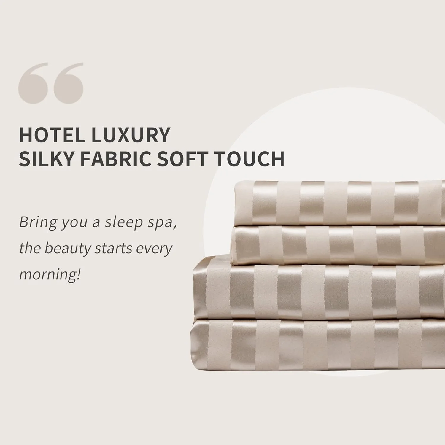 ست ملحفه ساتن، 4 تکه، خنک کننده، نرم و بدون چروک، ست ملافه ابریشمی لوکس هتل، 1 ملحفه کش دار با جیب عمیق، 1 ملحفه تخت، 2 روبالشی (Queen، راه راه شامپاینی)