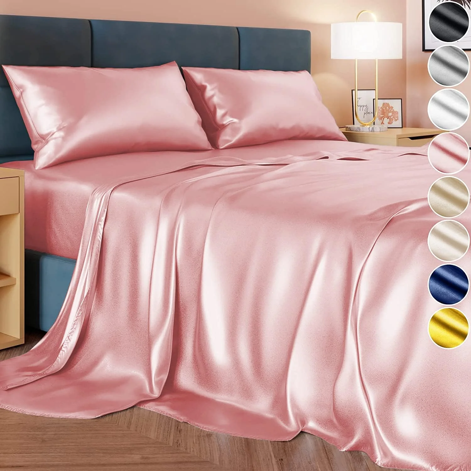 ست ملحفه ساتن سه تکه SKADE سایز کامل، ست ملحفه ساتن ابریشمی با جیب عمیق شامل 1 ملحفه کش‌دار، 1 ملحفه تخت و 1 روبالشی، مقاوم در برابر چروک، محو شدن و لکه (تک نفره، صورتی)