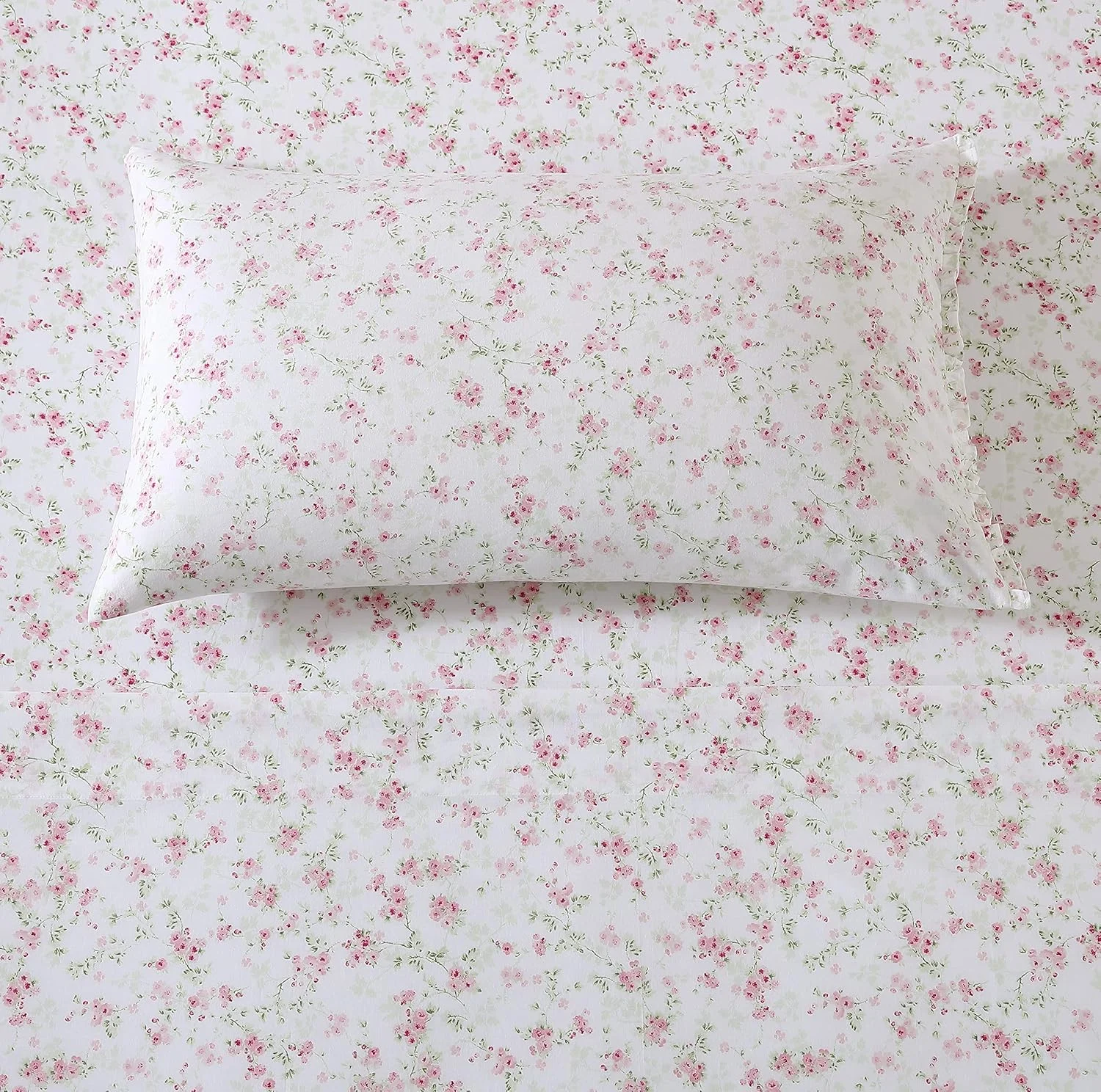 ملحفه های کینگ Shabby Chic®، ست روتختی پنبه ارگانیک نرم و تنفسی، دکوراسیون منزل گلدار با روبالشی های چین دار (Ella Pink، کینگ)