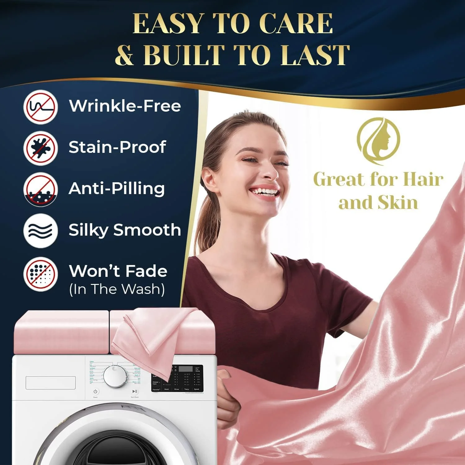 ست ملحفه ساتن سه تکه SKADE سایز کامل، ست ملحفه ساتن ابریشمی با جیب عمیق شامل 1 ملحفه کش‌دار، 1 ملحفه تخت و 1 روبالشی، مقاوم در برابر چروک، محو شدن و لکه (تک نفره، صورتی)