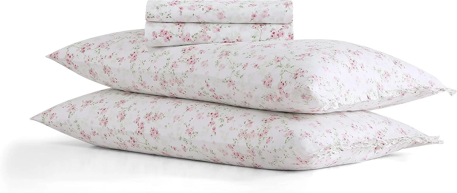 ملحفه های کینگ Shabby Chic®، ست روتختی پنبه ارگانیک نرم و تنفسی، دکوراسیون منزل گلدار با روبالشی های چین دار (Ella Pink، کینگ)