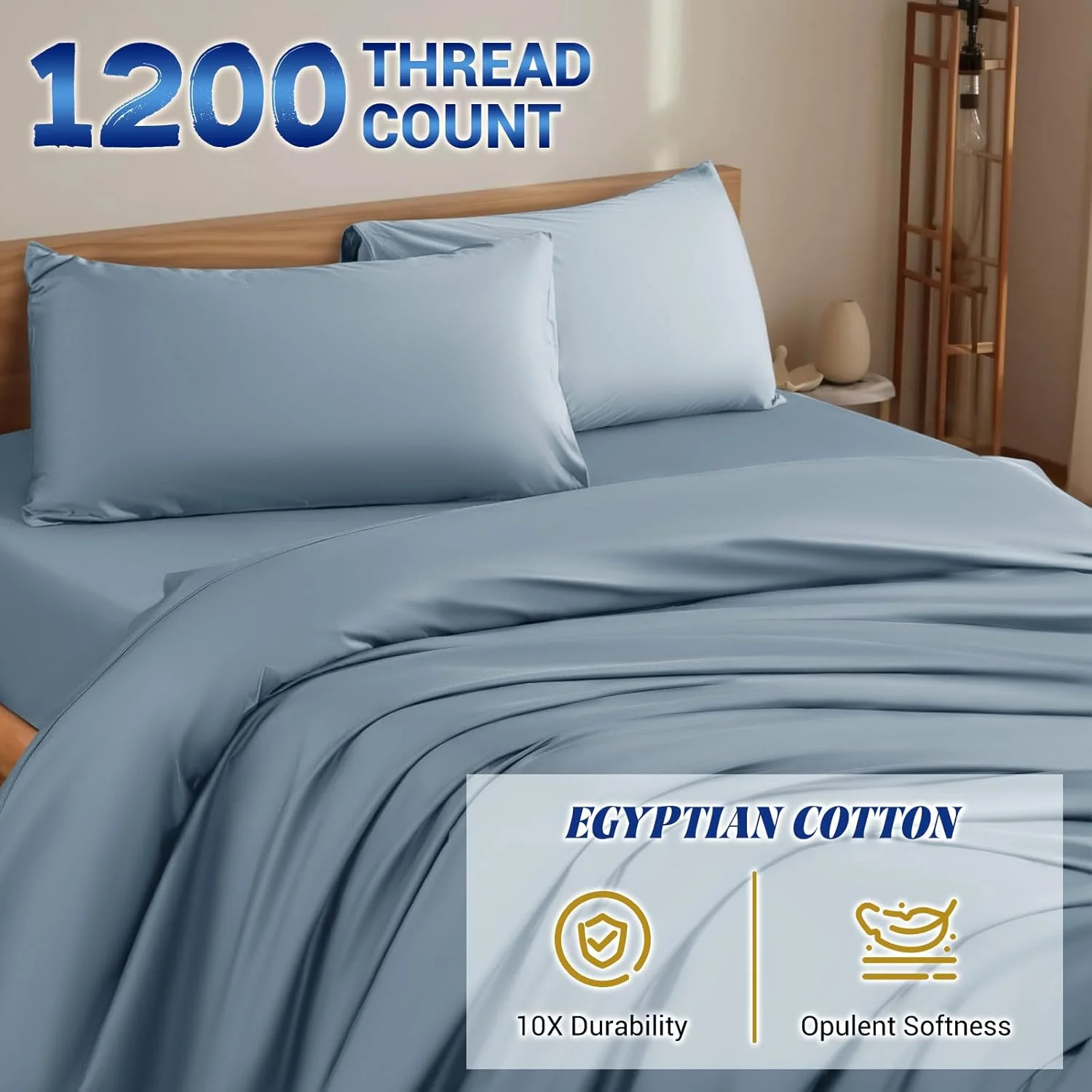 ست ملحفه نخی 1200 Shilucheng، ملحفه های لوکس 100% پنبه ای مصری، تنفس پذیر و خنک کننده، جیب عمیق 16 اینچی (آبی فرانسوی، کویین)