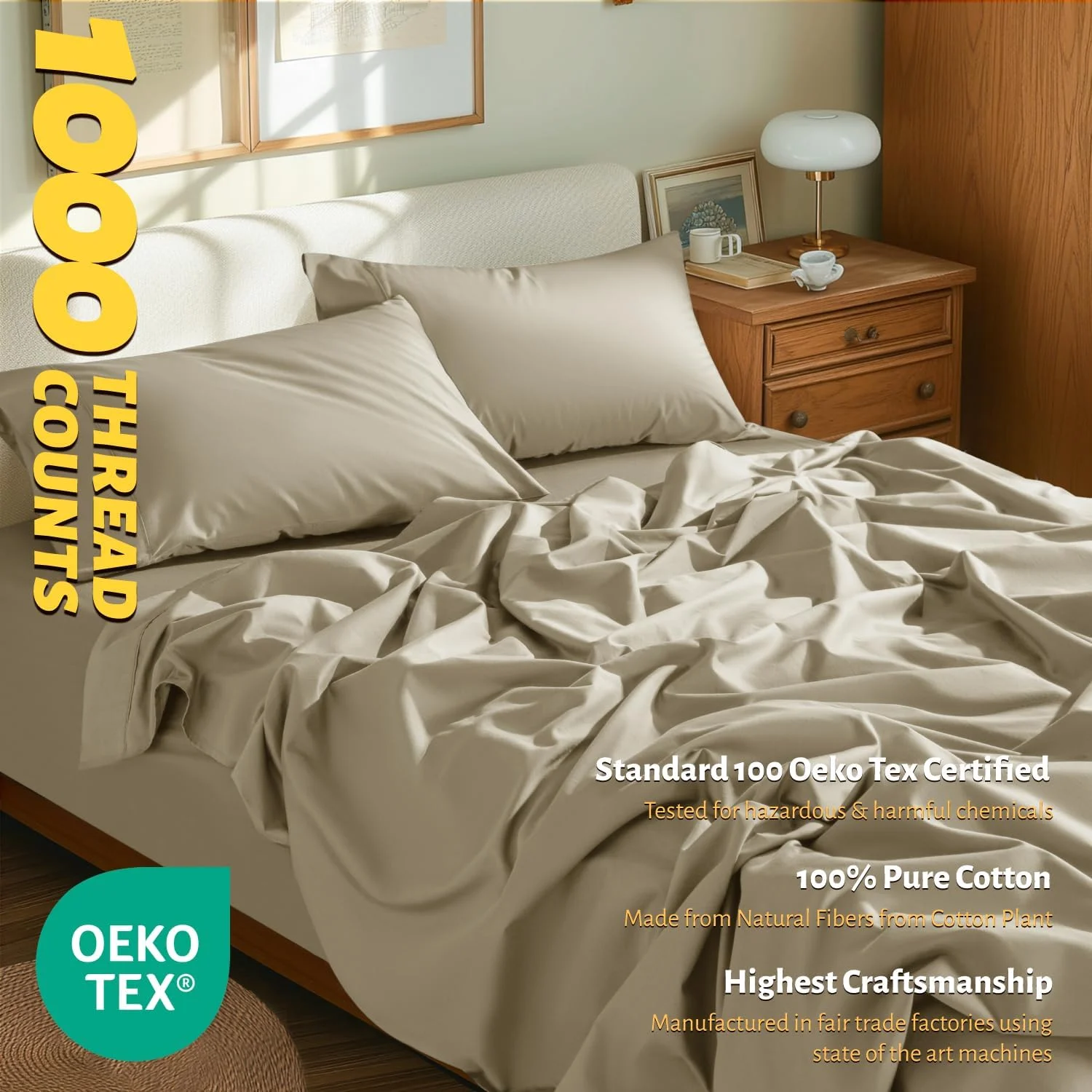ست ملحفه سایز کوئین شیلوچنگ، 100% پنبه مصری - 1000 تراکم نخ، ملحفه های تخت خواب پنبه ای لوکس، ملحفه و روبالشتی های خنک و قابل تنفس، جیب عمیق 16 اینچی - 4 تکه (کتانی، کوئین)