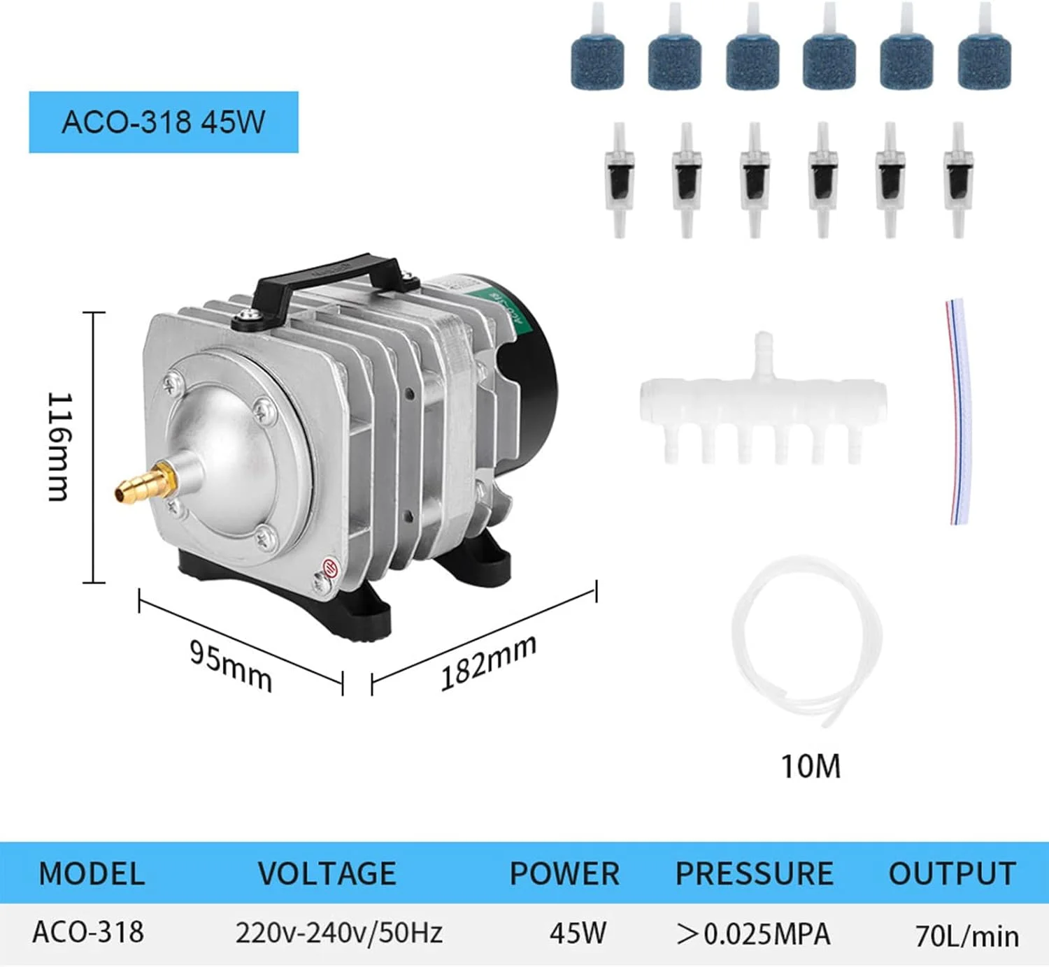 پمپ هوای تجاری هایلا ACO318، 45 وات، تک خروجی، دارای منیفولد 6 شیر برای آکواریوم، حوض ماهی، فواره، هیدروپونیک (شامل لوله 10 متری، 6 عدد شیر یک طرفه، 6 عدد سنگ هوا 2*2 سانتی متری)