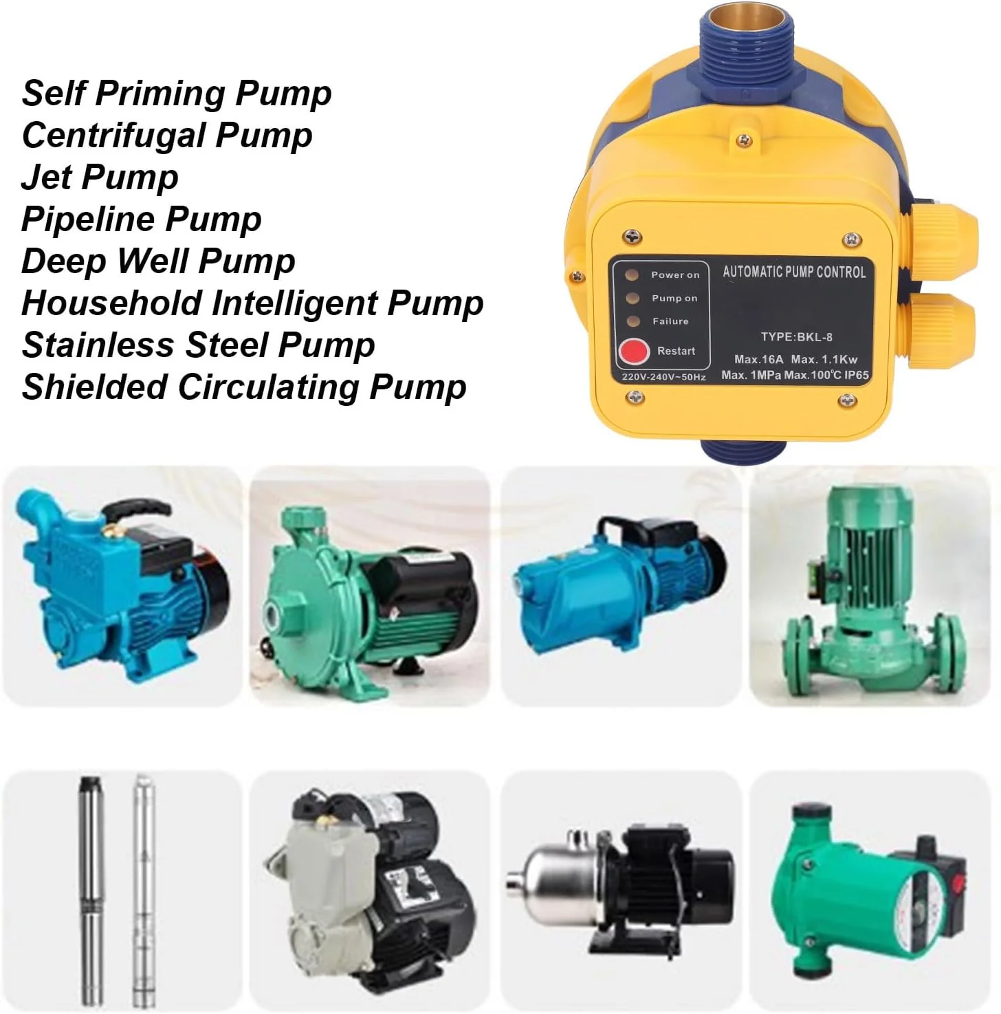 کنترلر اتوماتیک پمپ آب، سوئیچ فشار الکترونیکی، کنترلر اتوماتیک پمپ، 145PSI قابل تنظیم، محافظت در برابر کمبود آب، 1.5bar‑3.0bar ‑240V کنترلر اتوماتیک پمپ آب، سوئیچ فشار الکترونیکی، کنترلر اتوماتیک پمپ، 145PSI قابل تنظیم، محافظت در برابر کمبود آب، 1.5bar‑3.0bar ‑240V