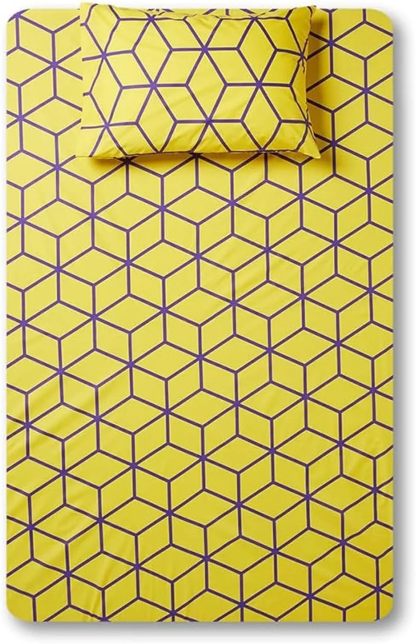 ست ملحفه کش دار دو تکه طرح دار ریشا هوم، سایز یک نفره، نخ خالص پنبه، زرد/بنفش | ملحفه | روتختی و ملحفه