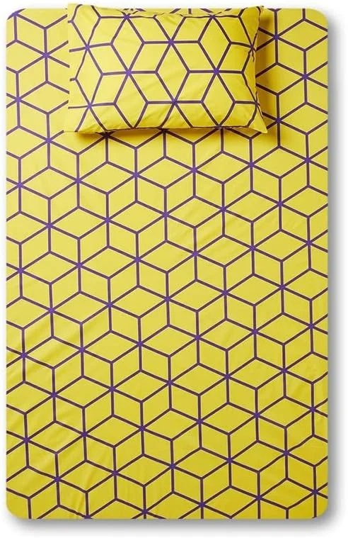 ست ملحفه کش دار دو تکه طرح دار ریشا هوم، سایز یک نفره، نخ خالص پنبه، زرد/بنفش | ملحفه | روتختی و ملحفه