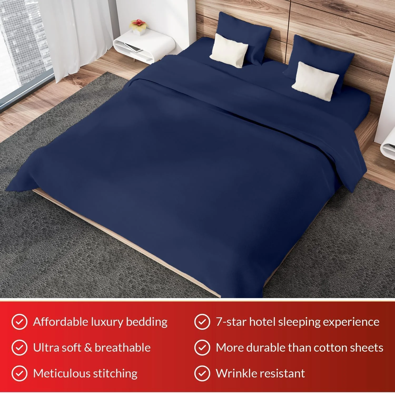 ست ملحفه سه تکه ریشا هوم سایز کوئین با جیب عمیق | رنگ سرمه ای | 1 ملحفه کش دار - 180x200+30 سانتی متر، 2 روبالشتی - 50x75 سانتی متر | میکروفایبر ضد حساسیت برای استفاده در تمام طول سال. ست ملحفه سه تکه ریشا هوم سایز کوئین با جیب عمیق | رنگ سرمه ای | 1 ملحفه کش دار - 180x200+30 سانتی متر، 2 روبالشتی - 50x75 سانتی متر | میکروفایبر ضد حساسیت برای استفاده در تمام طول سال.