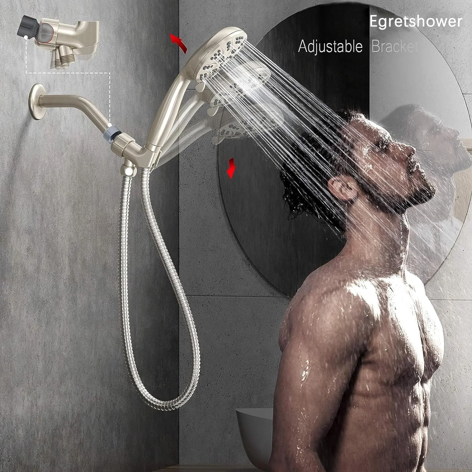 دوش دستی با فشار قوی، دارای 6 حالت پاشش، جداشدنی، 4.3 اینچی، به همراه شلنگ استیل بلند و پایه قابل تنظیم - نیکل برس خورده