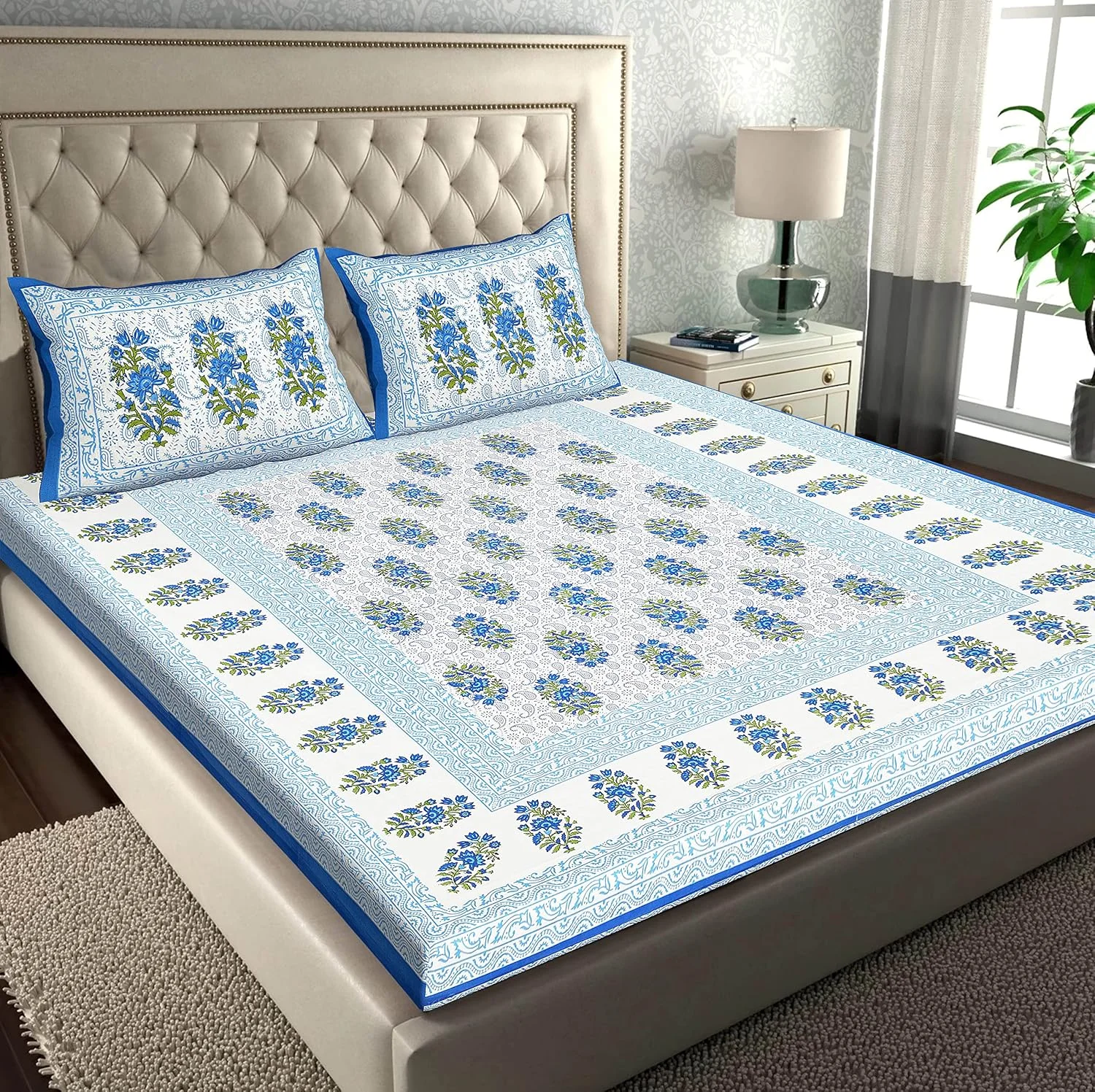 ملحفه دو نفره پنبهای خالص راجستانی کارت با 2 روبالشی (ملحفه پنبهای برای تخت دو نفره، آبی، طرح بته جقه) ملحفه دو نفره پنبهای خالص راجستانی کارت با 2 روبالشی (ملحفه پنبهای برای تخت دو نفره، آبی، طرح بته جقه)