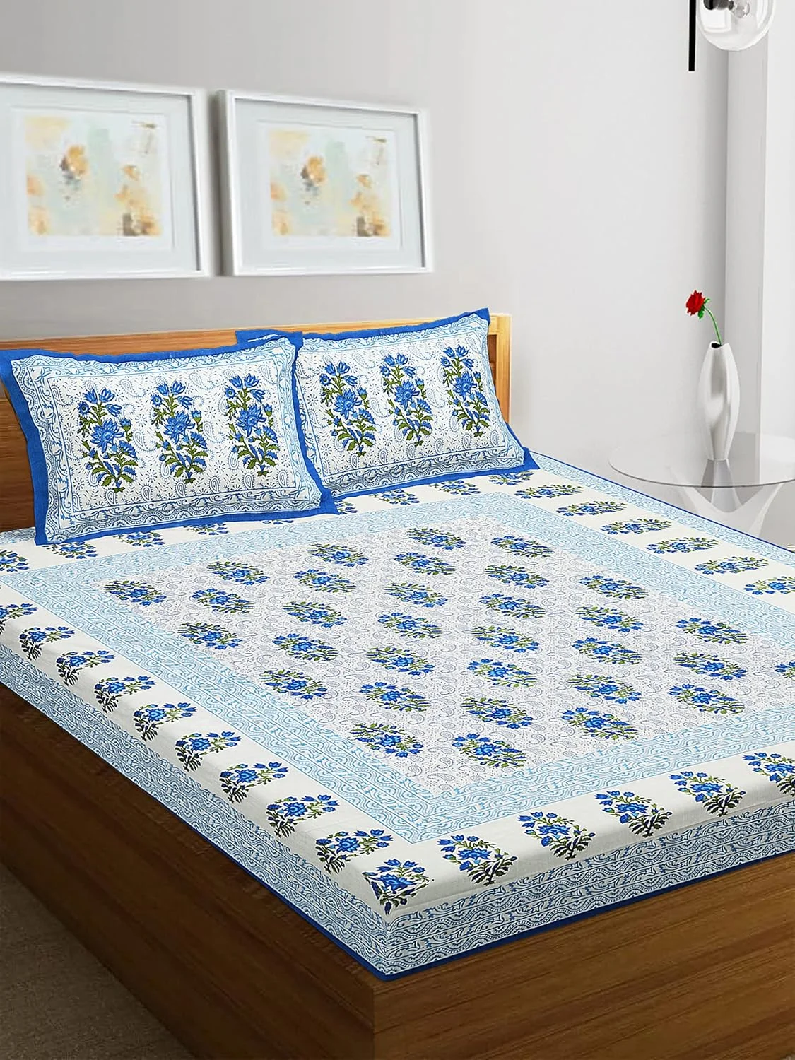 ملحفه دو نفره پنبه‌ای خالص راجستانی کارت با 2 روبالشی (ملحفه پنبه‌ای برای تخت دو نفره، آبی، طرح بته جقه)