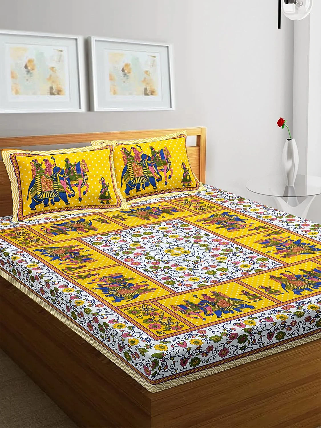 ملحفه دو نفره پنبه‌ای خالص راجستانی کارت® با 2 روکش بالش (ملحفه نخی مناسب تخت دو نفره، زرد، طرح فیل)
