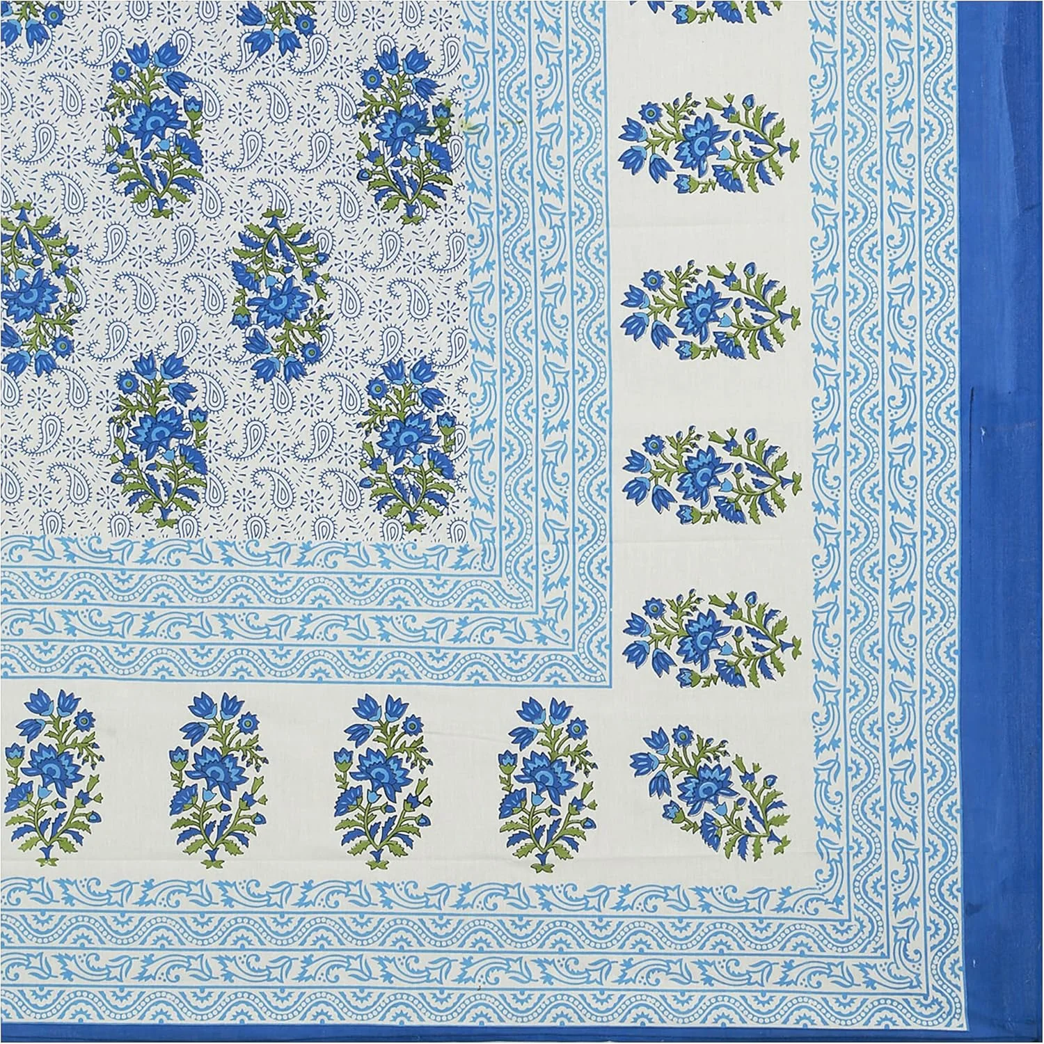 ملحفه دو نفره پنبه‌ای خالص راجستانی کارت با 2 روبالشی (ملحفه پنبه‌ای برای تخت دو نفره، آبی، طرح بته جقه)