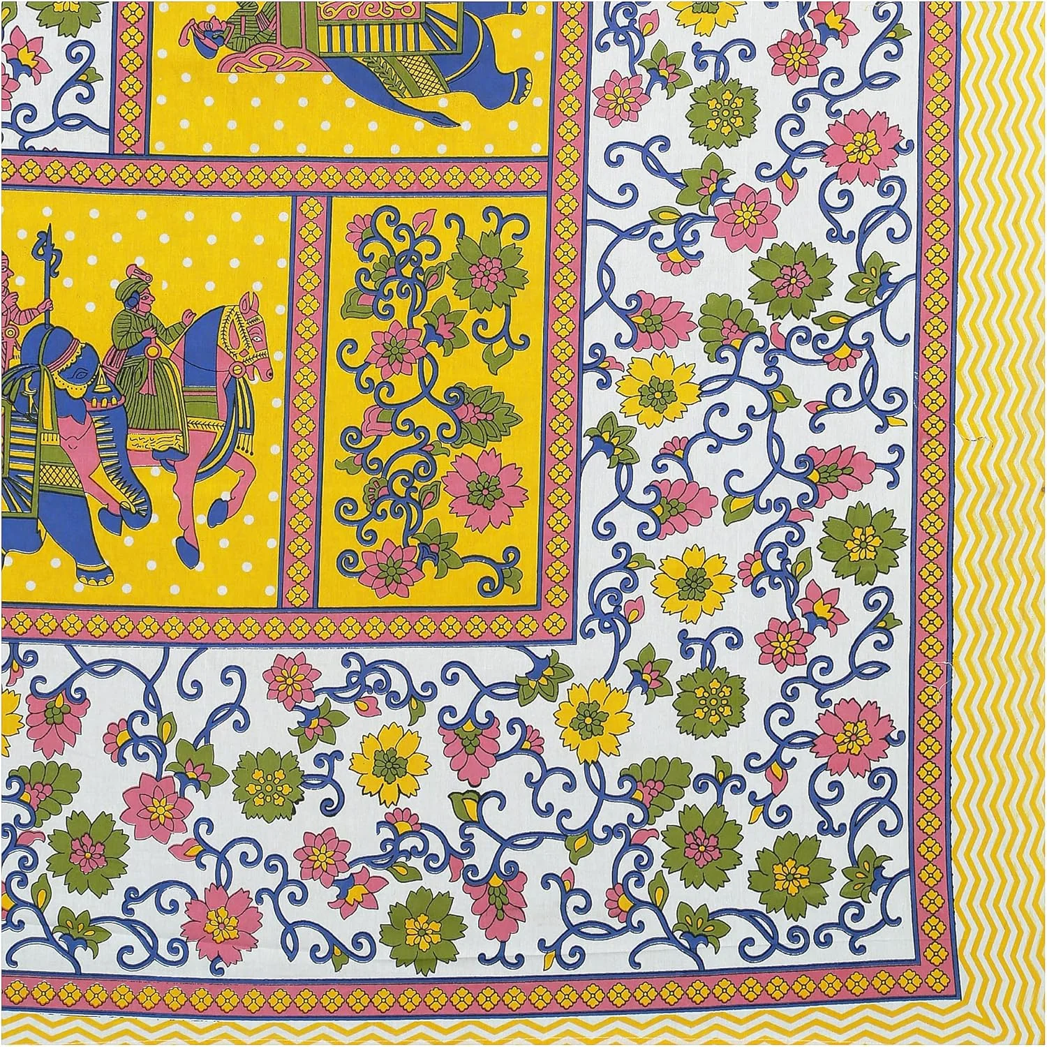 ملحفه دو نفره پنبه‌ای خالص راجستانی کارت® با 2 روکش بالش (ملحفه نخی مناسب تخت دو نفره، زرد، طرح فیل)