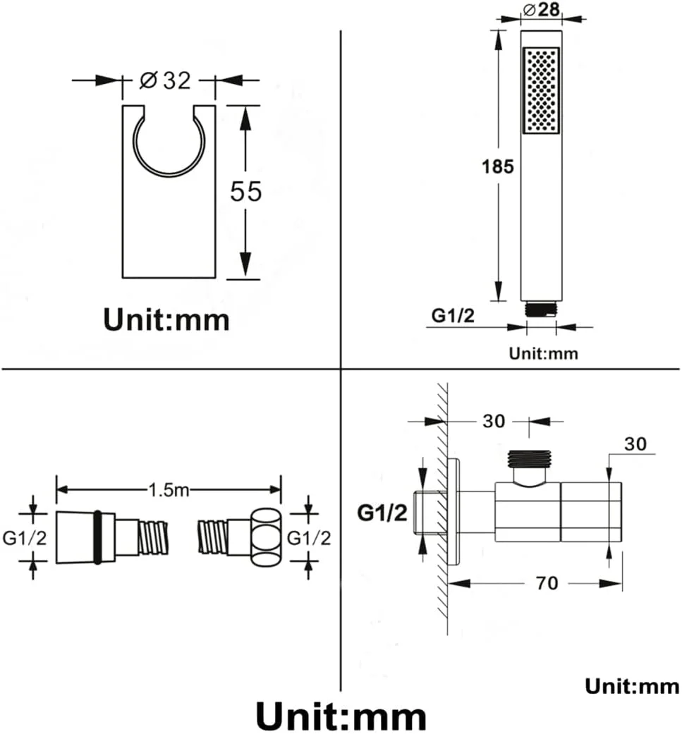 سردوش دستی GaRcan، سردوش برنجی جامد با فشار بالا، سردوش دستی با جریان بالا، سر گرد با نگهدارنده دوش و شلنگ استیل 1.5 متری، ست سردوش دستی، مدل 4