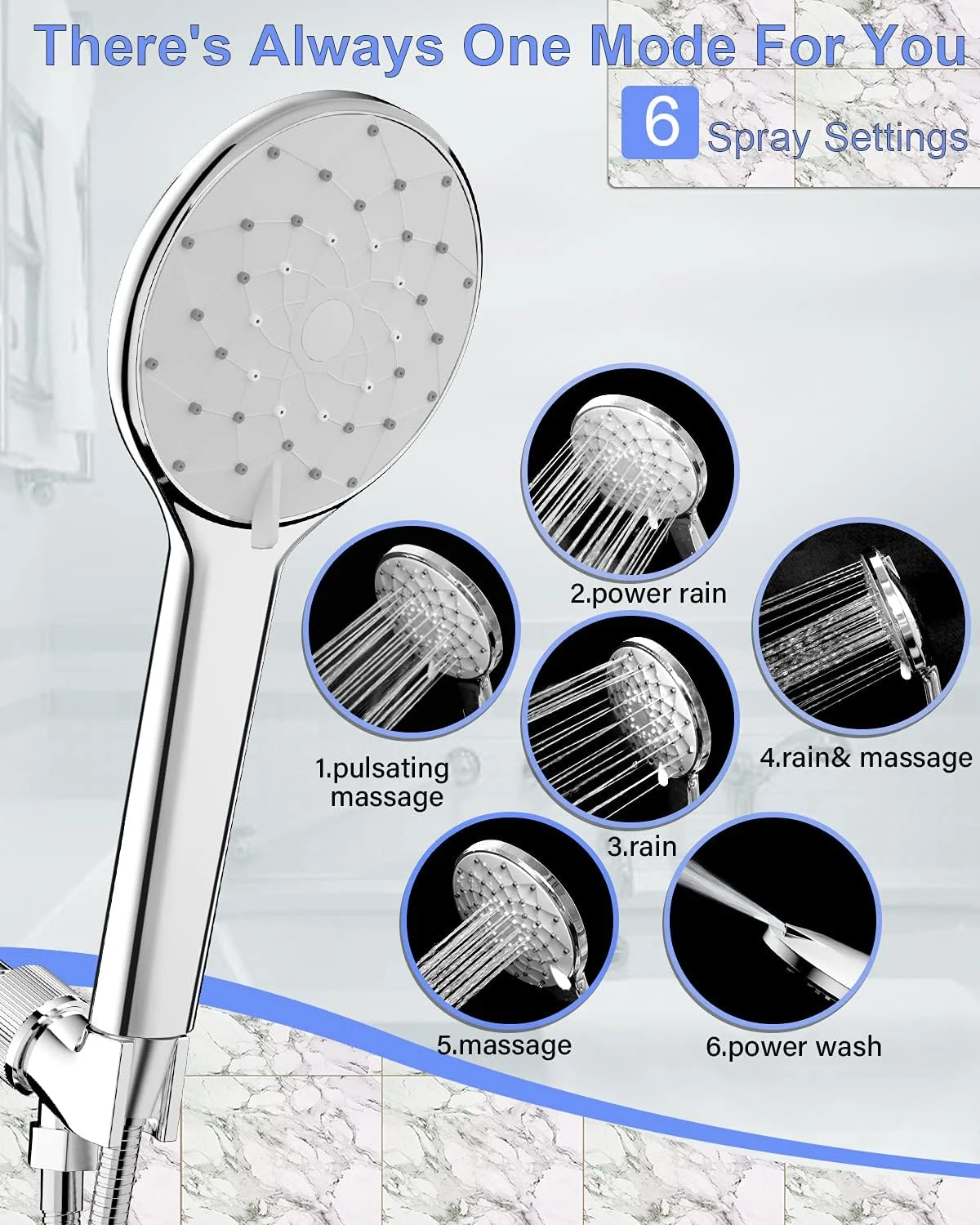 سردوش دستی فشار قوی GREWORD با 6 حالت - سردوش دستی 5 اینچی با شلنگ 59 اینچی، دو براکت قابل تنظیم، نازل های سیلیکونی خود تمیز شونده، اسفنج حمام اضافی