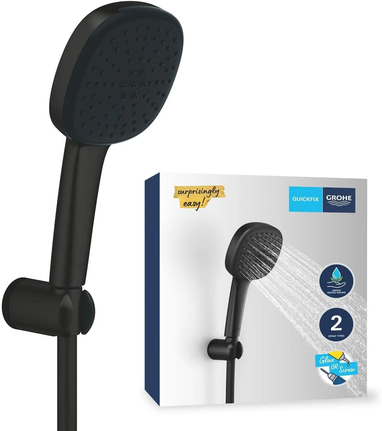 ست دوش GROHE Vitalio Comfort 110 QuickFix - (دوش دستی مربعی 11 سانتی‌متری با 2 حالت پاشش، سیستم ضد رسوب، شلنگ 1.75 متری، نگهدارنده دیواری، صرفه‌جویی در مصرف آب، نصب آسان با GROHE QuickGlue)، مشکی مات، 263992431