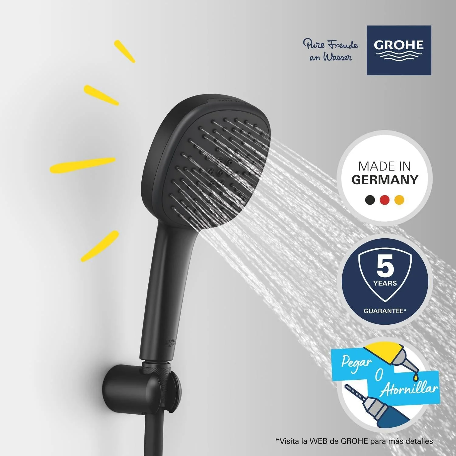 ست دوش GROHE Vitalio Comfort 110 QuickFix - (دوش دستی مربعی 11 سانتی‌متری با 2 حالت پاشش، سیستم ضد رسوب، شلنگ 1.75 متری، نگهدارنده دیواری، صرفه‌جویی در مصرف آب، نصب آسان با GROHE QuickGlue)، مشکی مات، 263992431