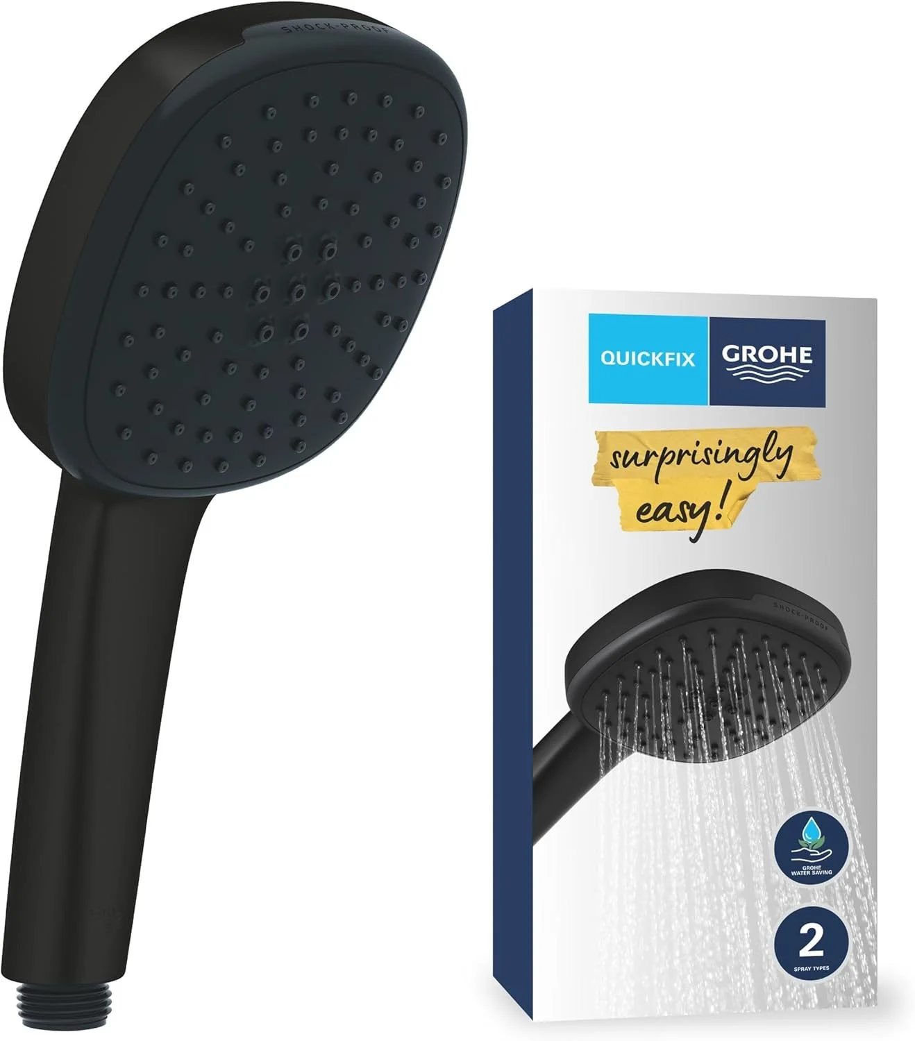 دوش دستی GROHE Vitalio Comfort 110 QuickFix - (سردوش مربعی 11 سانتی‌متری، 2 حالت پاشش: بارانی و جت، سیستم ضد رسوب، صرفه‌جویی در آب، حلقه سیلیکونی، سیستم نصب جهانی)، مشکی مات، 263972431