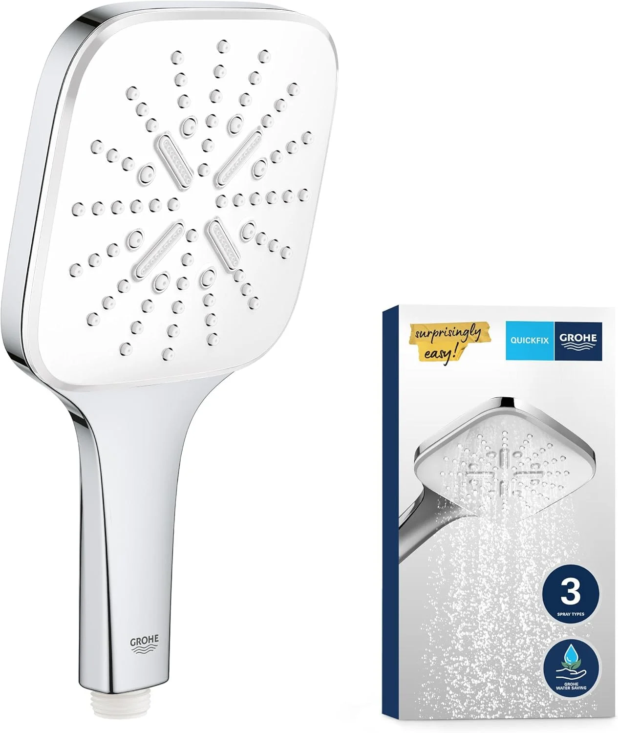 دوش دستی GROHE Vitalio 130 SmartActive Cube - ۱۳ سانتی متر (دکمه فشاری با ۳ حالت اسپری، صرفه جویی در مصرف آب، سیستم ضد رسوب، سیستم نصب جهانی)، کروم با صفحه اسپری سفید مهتابی، 26595000