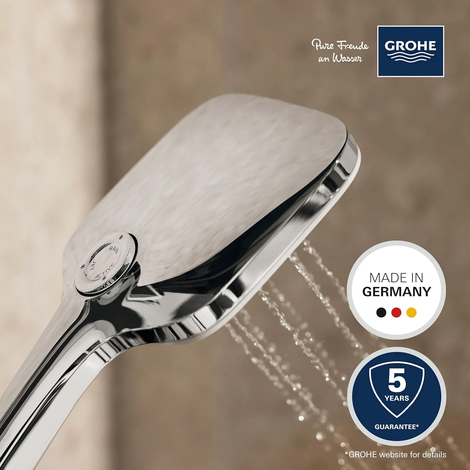 دوش دستی GROHE Vitalio 130 SmartActive Cube - ۱۳ سانتی متر (دکمه فشاری با ۳ حالت اسپری، صرفه جویی در مصرف آب، سیستم ضد رسوب، سیستم نصب جهانی)، کروم با صفحه اسپری سفید مهتابی، 26595000 دوش دستی GROHE Vitalio 130 SmartActive Cube - ۱۳ سانتی متر (دکمه فشاری با ۳ حالت اسپری، صرفه جویی در مصرف آب، سیستم ضد رسوب، سیستم نصب جهانی)، کروم با صفحه اسپری سفید مهتابی، 26595000