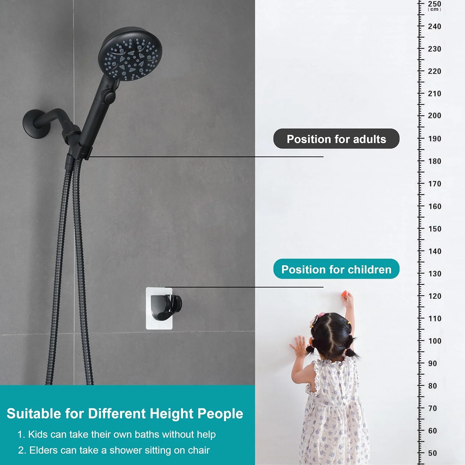 دوش دستی با کلید روشن/خاموش، دوش دستی 8 حالته با فشار بالا به همراه شلنگ بلند و پایه نگهدارنده چسبی اضافی برای نصب پایین، دارای قابلیت شستشوی قوی داخلی برای تمیز کردن وان، کاشی و حیوانات خانگی، مشکی…