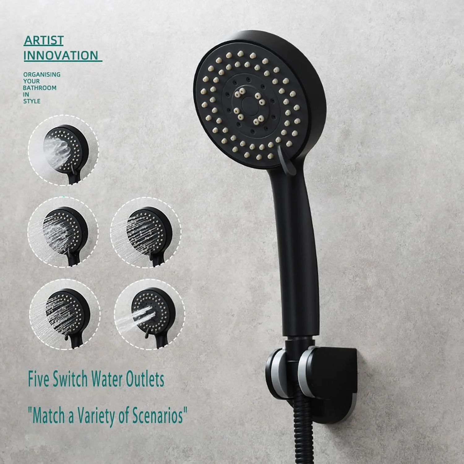 دوش دستی 5 حالته با فشار قوی به همراه شلنگ استیل 1.5 متری و پایه دیواری ABS