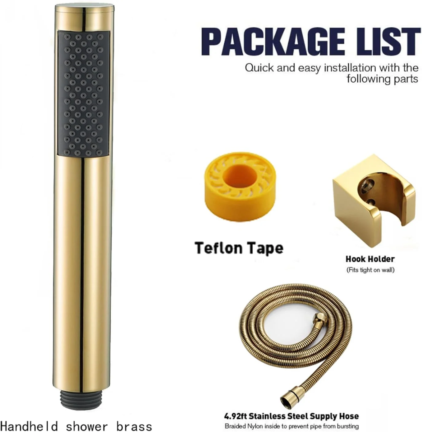 ست دوش دستی طلایی برنجی با شلنگ استیل ضد زنگ 150 سانتی متری و پایه دیواری قابل تنظیم