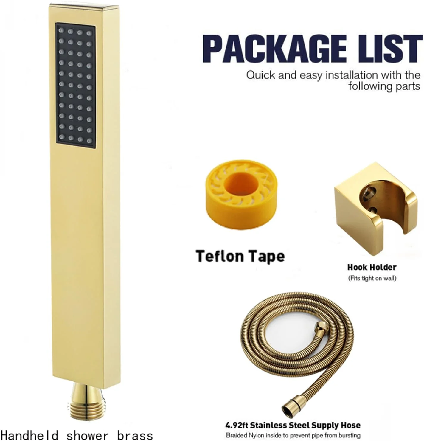 ست دوش دستی طلایی برنجی با شلنگ استیل ضد زنگ 150 سانتی متری و پایه دیواری قابل تنظیم