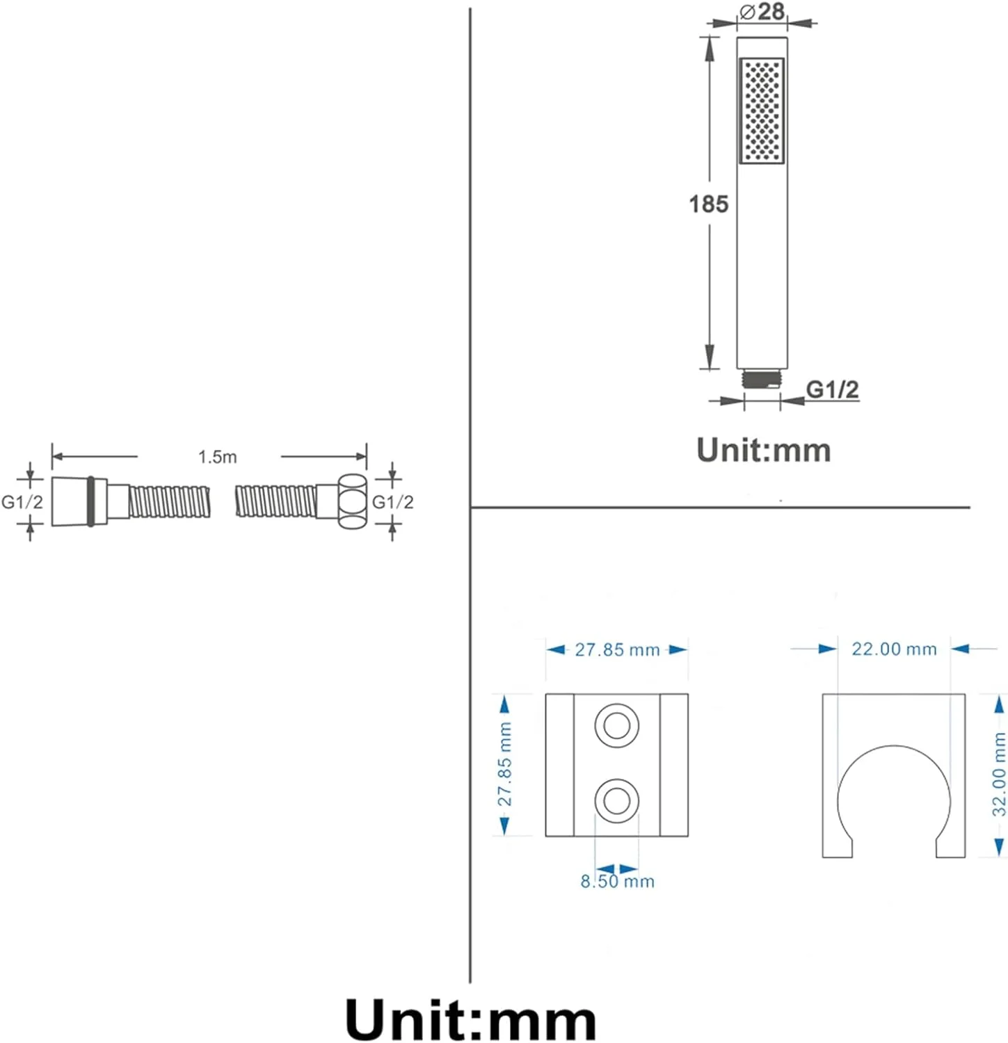 ست دوش دستی طلایی برنجی با شلنگ استیل ضد زنگ 150 سانتی متری و پایه دیواری قابل تنظیم